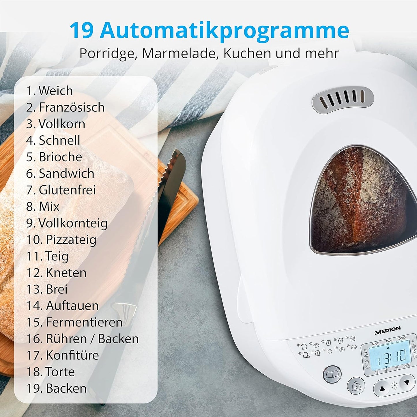 MEDION Brotbackautomat (Brotbackmaschine, 550 Watt, bis zu 1000g, 19 Backprogramme, 3 Bräunungsgrade, Warmhaltefunktion, Zeitvorwahl