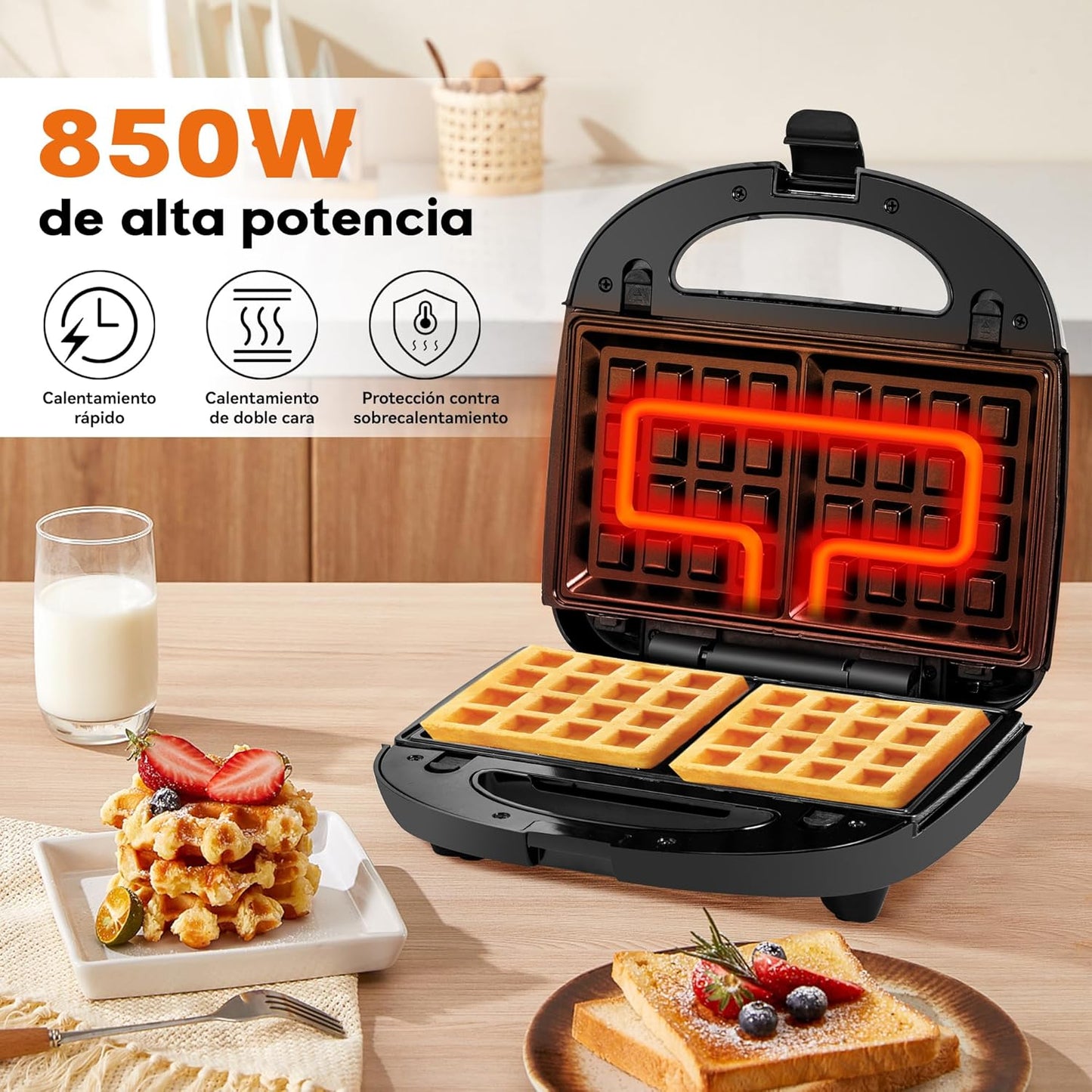 Pukomc 3-in-1 Sandwich Maker Antihaft-Panini-Presse, 850 W Grill, Tostadora De Pan Sandwichera, Herausnehmbare Grillplatten, Kontaktgrill, Waffeleisen, Doppelseitige Heizung, Schwarz