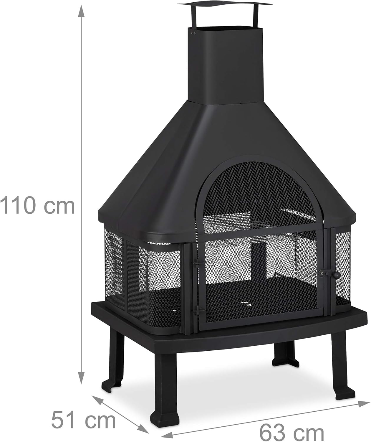 Relaxdays, schwarz Terrassenofen mit Grill, Feuerstelle mit Funkenschutz, Schürhaken, massiv, Stahl, 110 x 63 x 51 cm 10026555