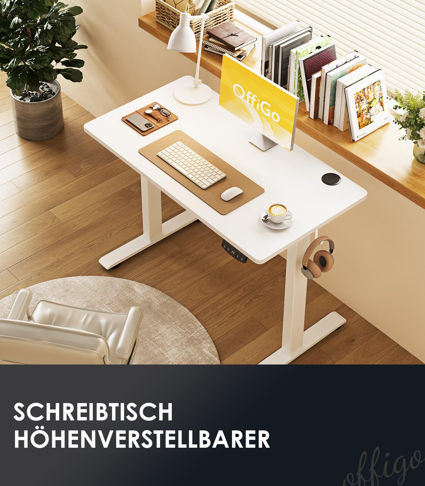 OffiGo Höhenverstellbarer Schreibtisch, 120 cm Elektrischer Schreibtisch, Ergonomischer Tisch mit Memory-Funktion, Gaming Tisch Höhenverstellbar, Moderner Computertisch für Zuhause und Büro, Weiß