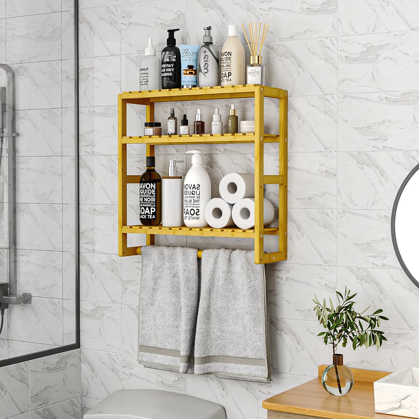 Bamworld Badezimmer Regal Badmöbel Bambus 3 Etagen Organizer Badezimmermöbel Für die Wand Platzsparend Modern (Schwarz)(42x15x42cm)