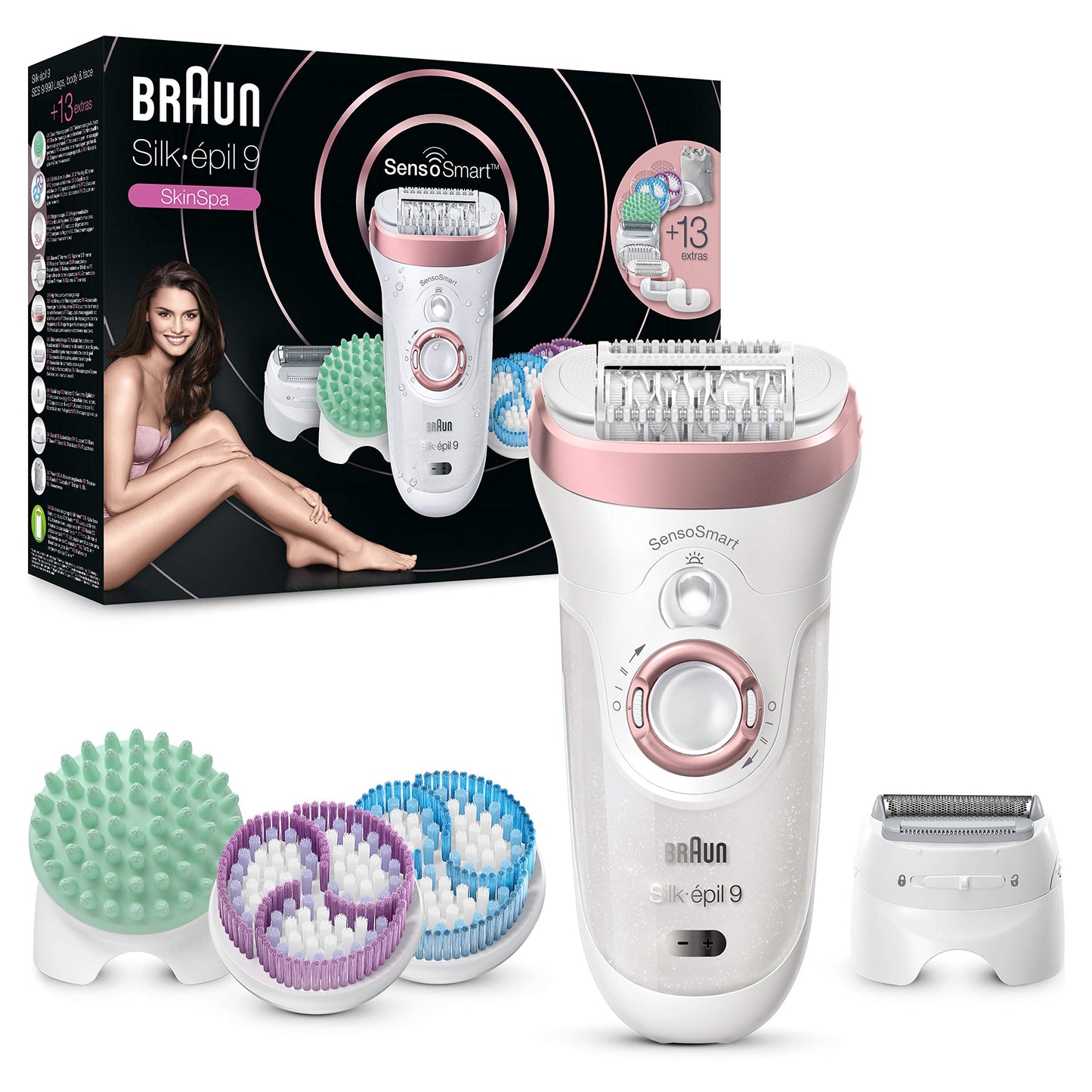 Braun Silk-épil 9 Beauty-Set, Epilierer Damen / Haarentferner, FaceSpa Gesichtshaarentferner, Aufsätze für Rasierer, Peeling, Reinigung Gesicht/Körper, Tasche, 9-995, weiß/flamingo