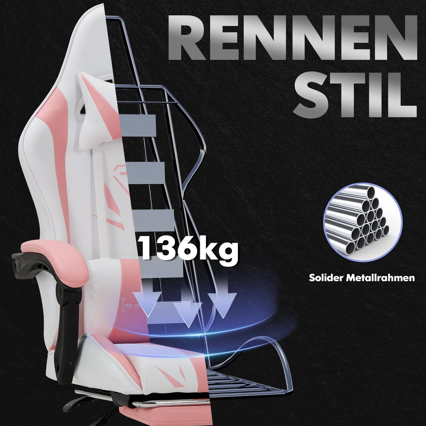 COLAMY Gaming Stuhl, Computer Stuhl mit Fußstütze und Lendenwirbelstütze, höhenverstellbarer Gaming Chair mit 360°-Drehsitz und Kopfstütze, Video Gamer PC Stuhl, Ergonomische hohe Rückenlehne, Weiß