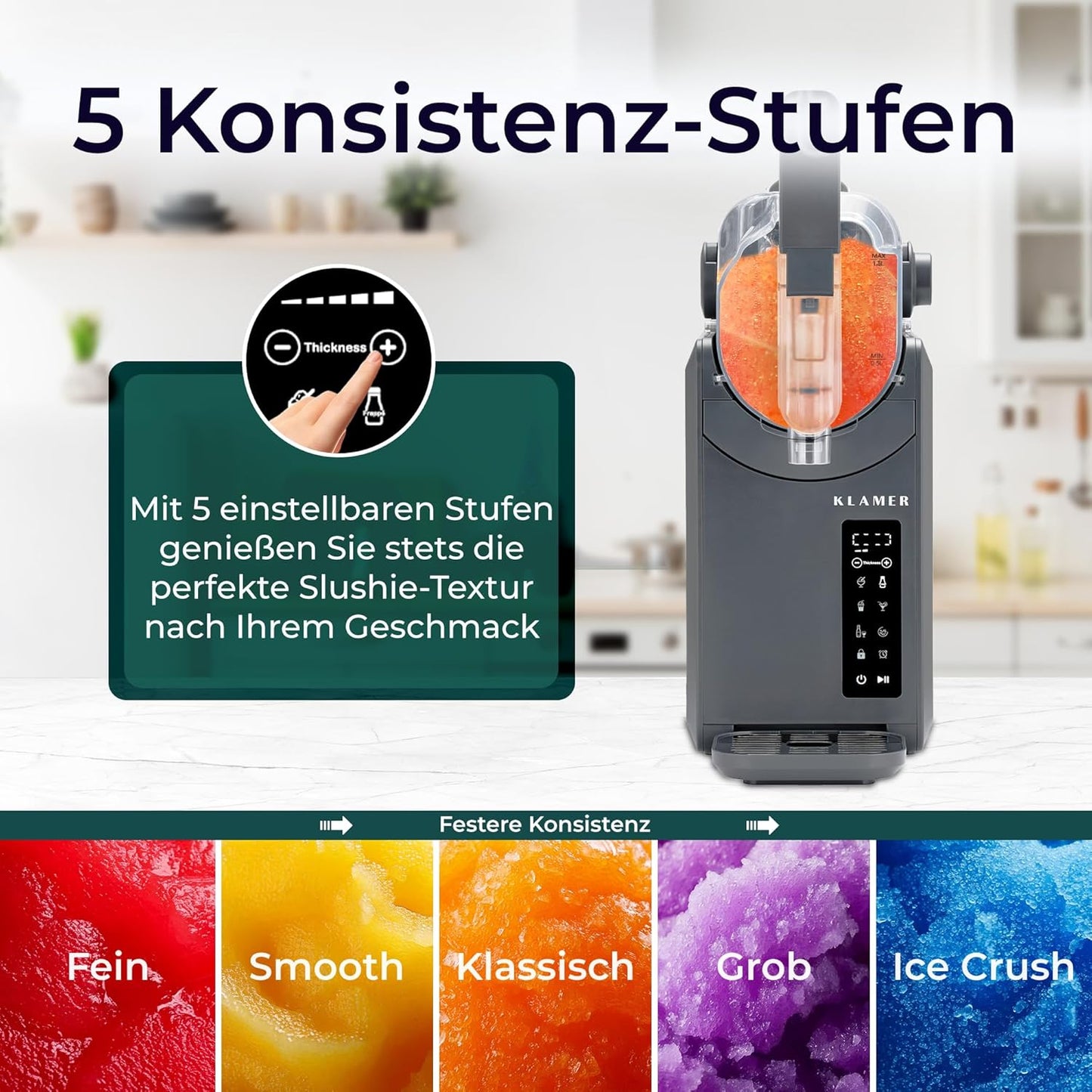 KLAMER Slush Maschine, mit 5 voreingestellten Programmen: Slushie, Cocktail, Milchshake, Frappé, Wein, Automatische Reinigung, 2L Fassungsvolumen, Turbo Freeze, kein Eis erforderlich