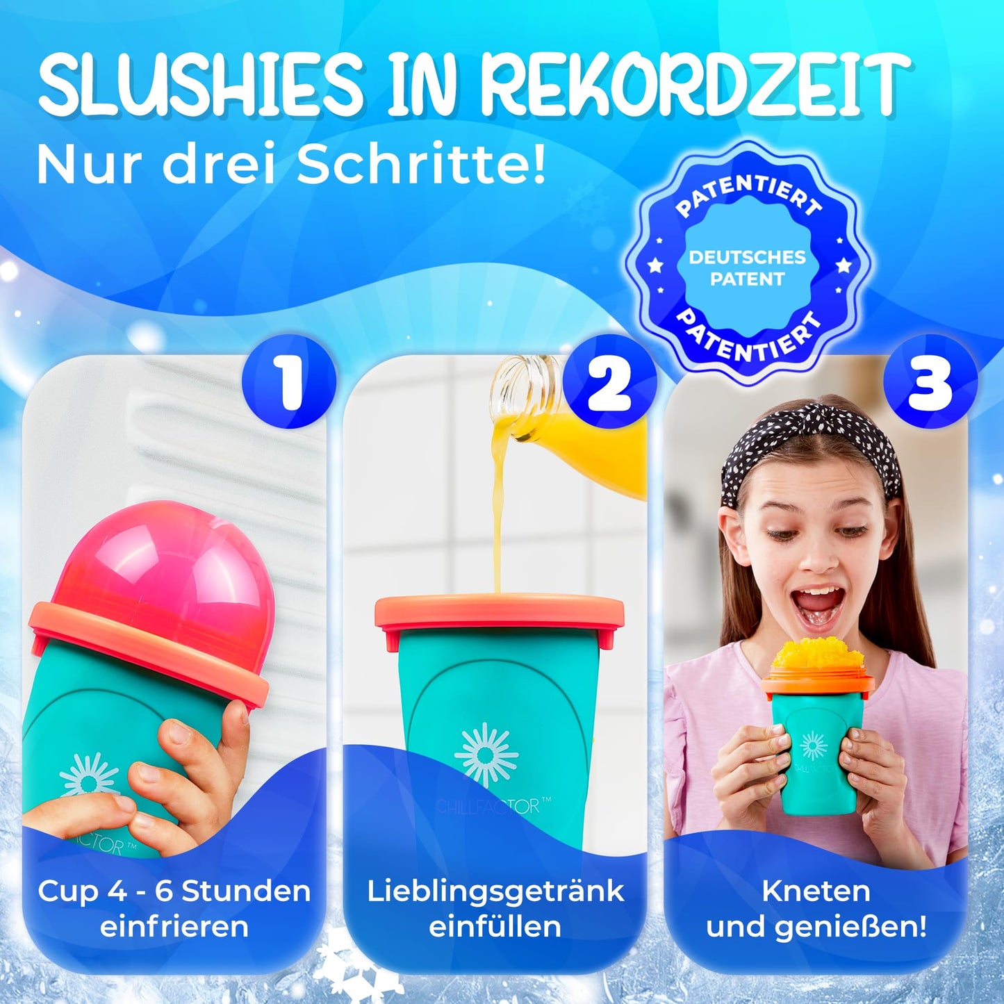 Magic Freez Slushy Maker – Tragbarer Slushy Becher aus Silikon mit 2-in-1 Strohhalm und Löffel – Slush Ice Maker für erfrischende Slushies – Slushi Cup zum Slush Eis selbermachen – 370ml