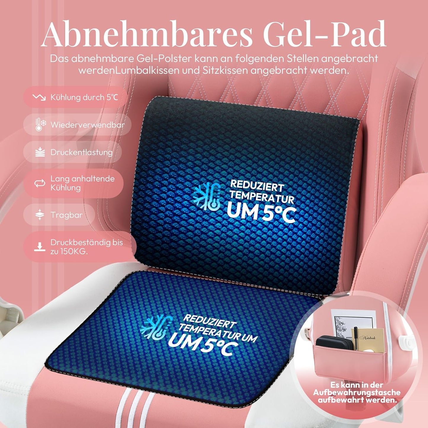 MEENICE Gaming Stuhl mit Kühlung Gel,Gaming Sessel, Ergonomischer Game Stuhl Hohe Zurück Himbeerrosa