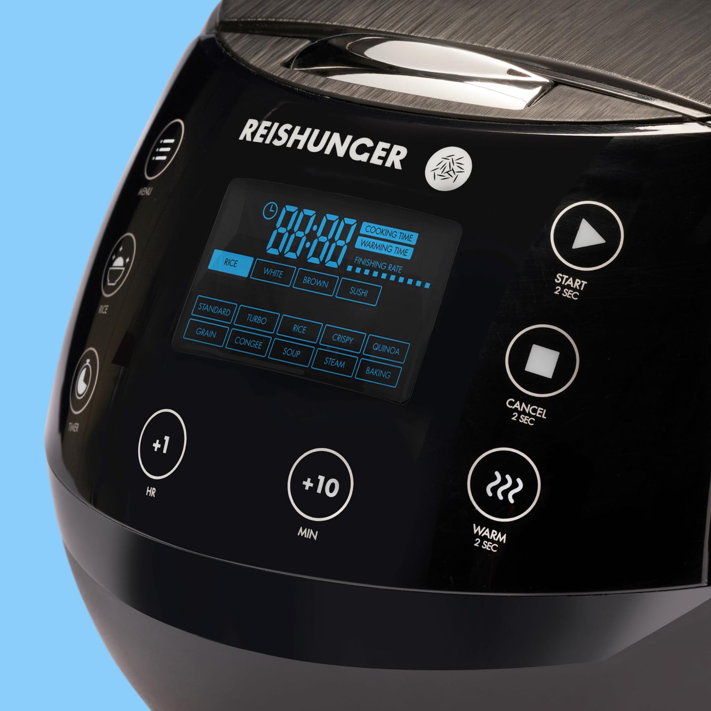 REISHUNGER Digitaler Reiskocher & Dampfgarer Grau | 1,5 L bis 8 Personen | Warmhaltefunktion, Timer & Premium Innentopf | Multikocher, 12 Programme, 7-Phasen-Technologie