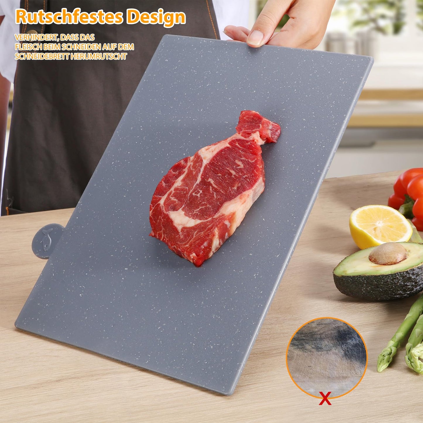 Myiosus Schneidebrett Kunststoff, 4 Stück Schneidebrett mit Griff, Rutschfest Schneidebretter für die Küche, Flexibel Schneidebrett Set mit Ständer für Gemüse, Fleisch, Obst, BPA-frei, 37.6 x 25.8cm