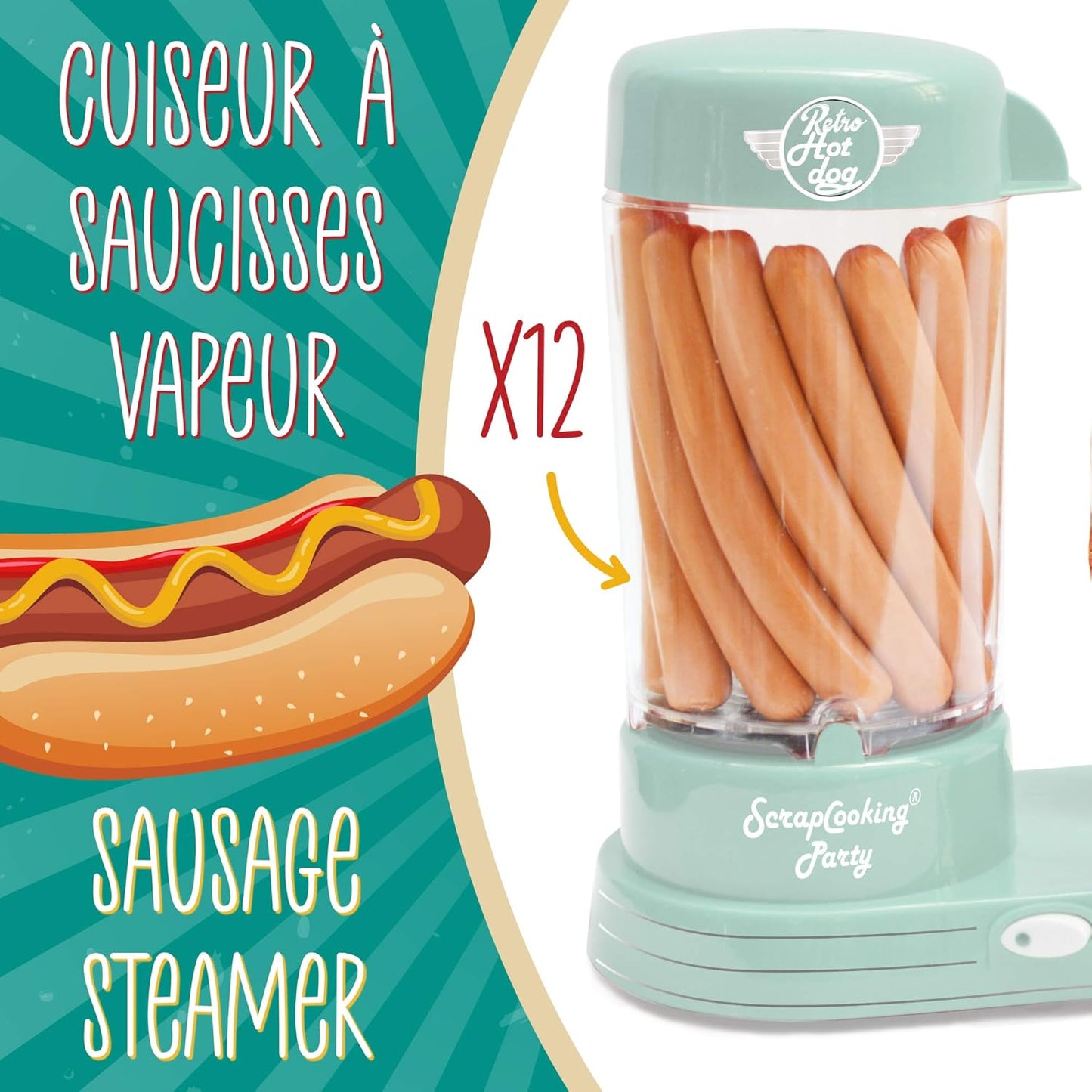 ScrapCooking 601 Hot Dog Maker Maschine-Kapazität 12 Würstchen & 2 Brötchen-Vintage-Retro-Stil für Partys Barbecues Feste Kirmes Geburstag-Grün-0601, Lebensmittelechter Kunststoff, weiß