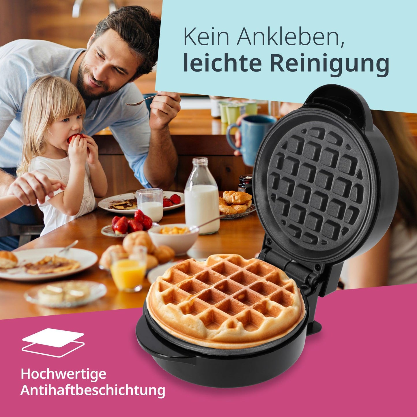 ADE Mini Waffeleisen Herzform | belgische Waffel | perfekt für eine Person, Party, Kindergeburtstag | hochwertige Antihaftbeschichtung | 550 W | schwarz