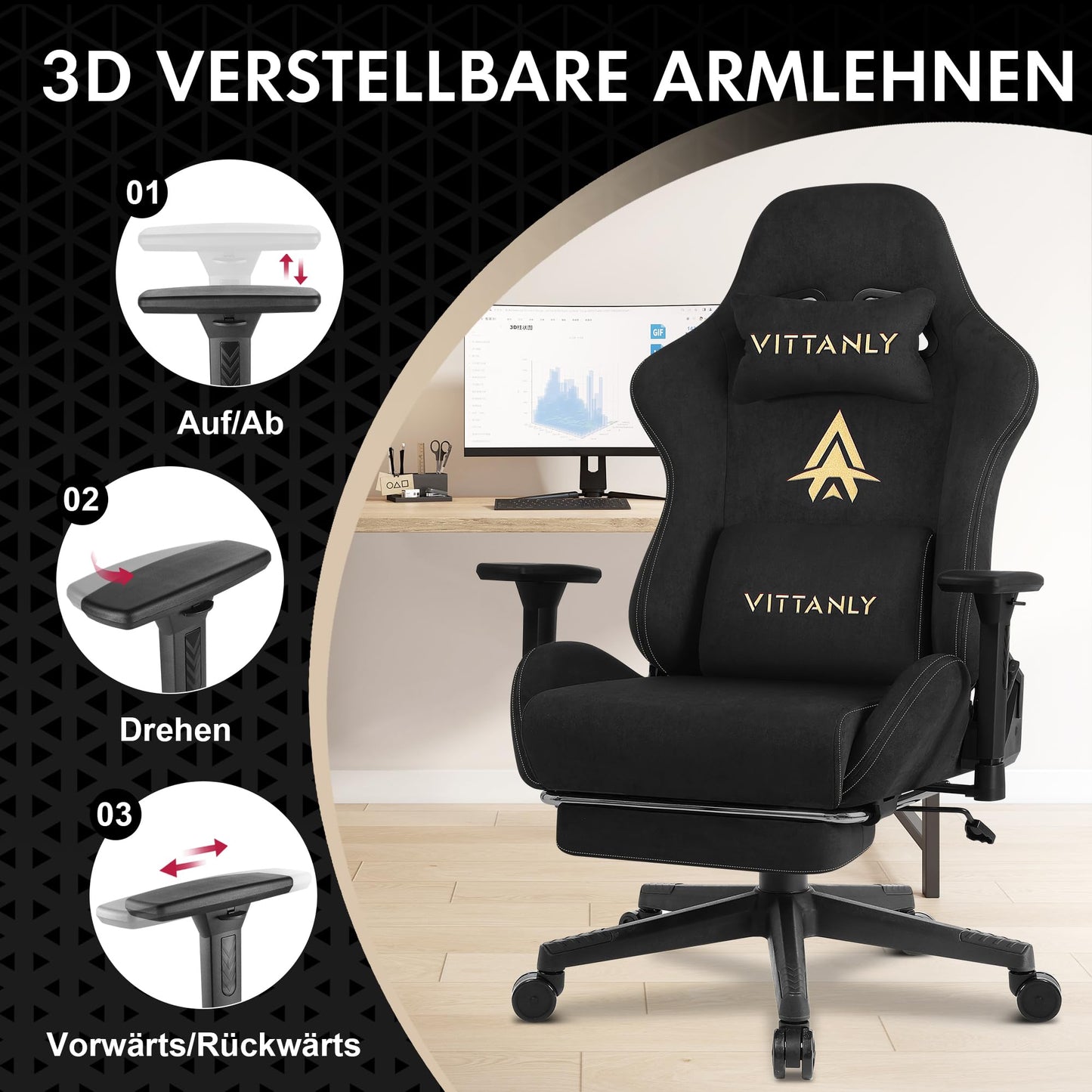 Vittanly Gaming Chair, Luxurious Breathable Imitation Suede Office Chair Gaming Chair, Ergonomic Gamer Chair with Footrest Headrest and Lumbar Cushion, 3D Armrests, 90-155° Backrest, Gray