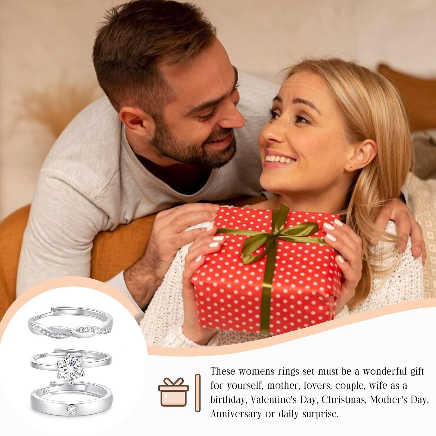 MUCCA 3-Piece 925 Sterling Silver Rings for Women