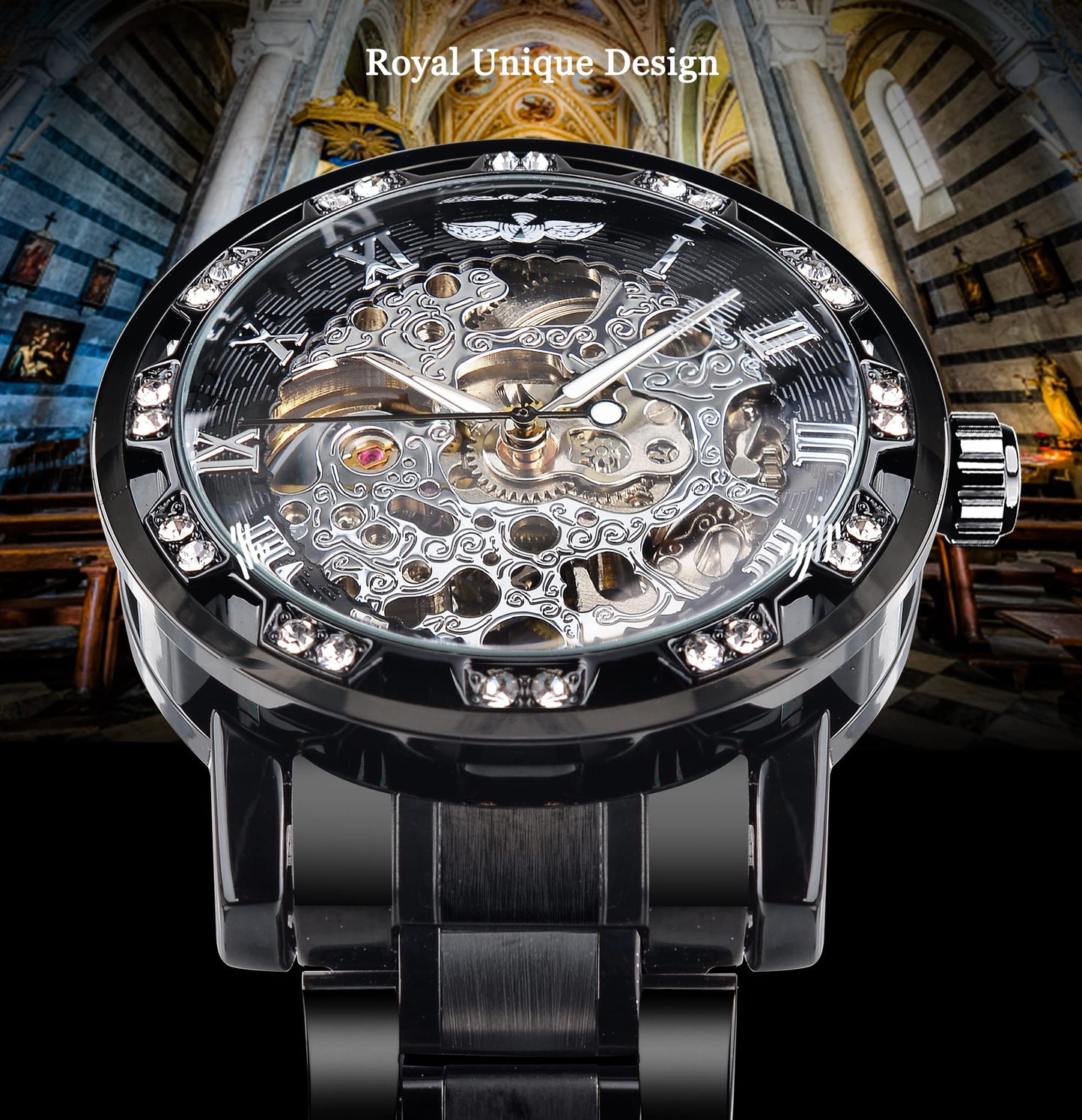 FORSINING Gewinner Retro Manuelle mechanische Skelett Uhr mit Diamantschnitzen Blume Handwerk Männer Armbanduhr Klassische römische Zahl, Schwarze Goldfarbe