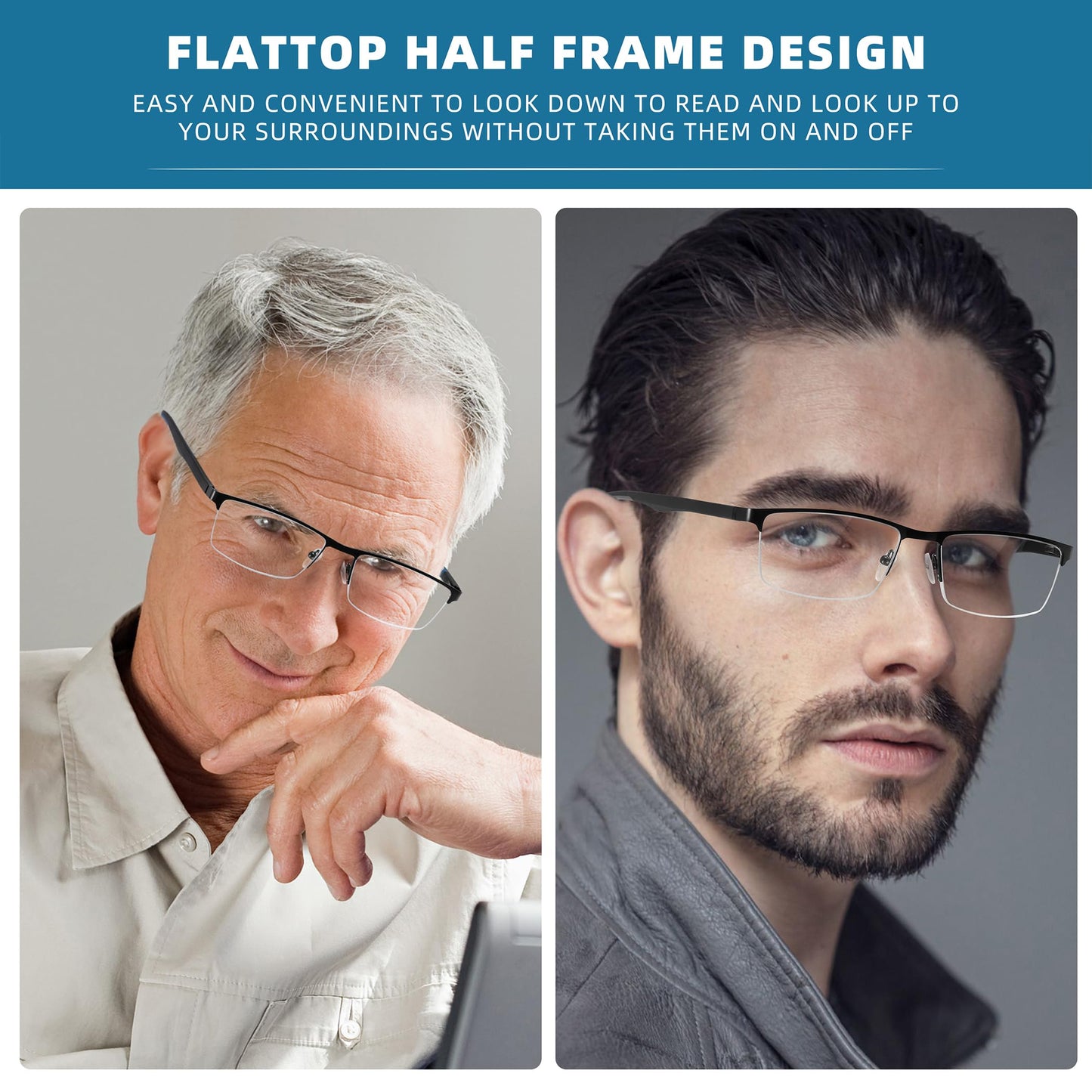 MODFANS 3er-Pack Lesebrille Herren Blaulichtfilter Metallrahmen Rechteck Stil Edelstahl Material