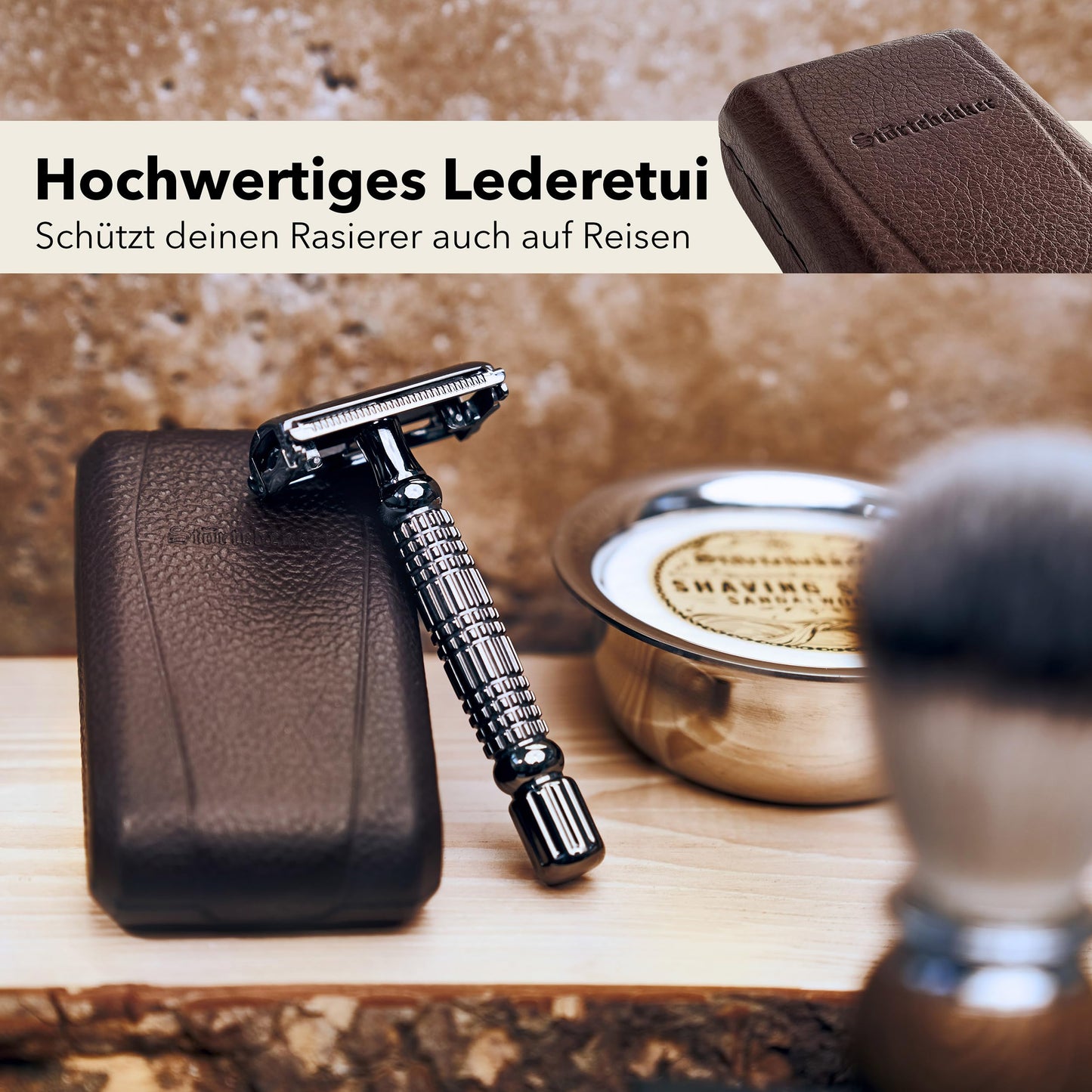 Störtebekker® Premium Rasierhobel ‘Hamburg’ im handgefertigten Leder-Etui - *TESTSIEGER* Stiftung Warentest (12/2024) - Rasier-Set mit 10 Rasierklingen, Reise-Etui & eingebautem Spiegel - Nassrasierer