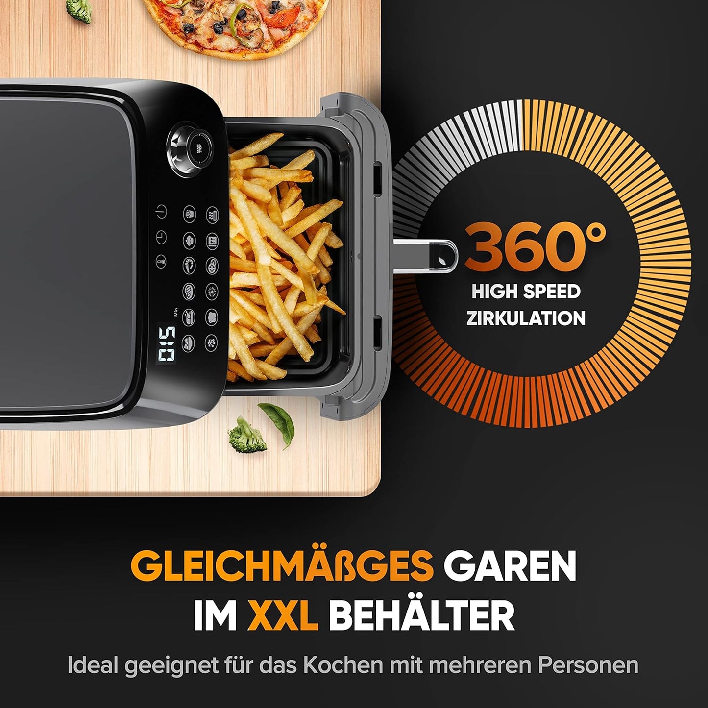 Dripl Heißluftfritteuse 5,7L, XXL Fritteuse mit LCD Touchscreen, AirFryer mit 12 Programmen, Kompakte Heissluftfriteuse mit Digitalem Display, Energieeinsparung, Vorheizen & Warmhalten, ohne Öl
