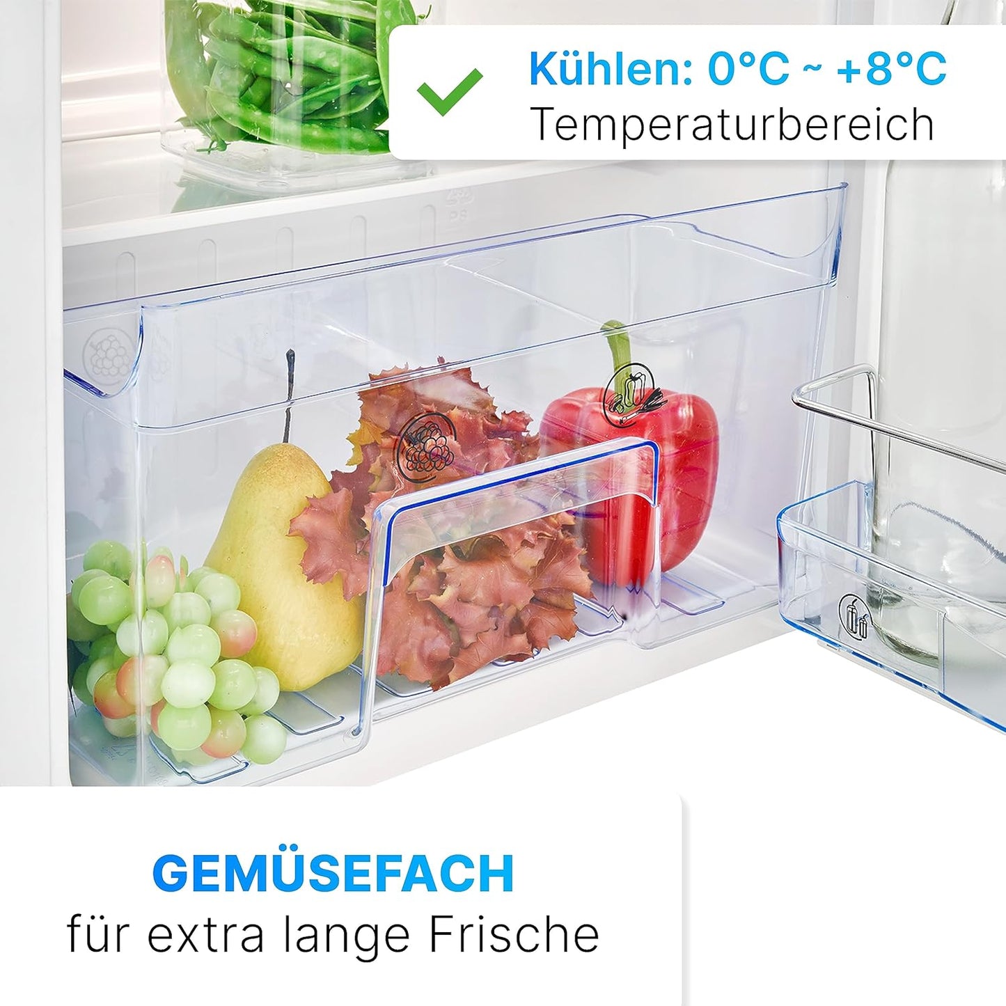 Bomann refrigerator with freezer compartment | 91L usable capacity including 8L freezer compartment | Small refrigerator | with reversible door hinge | Mini refrigerator with vegetable tray | 2 shelves | Quiet minibar | KS 7349