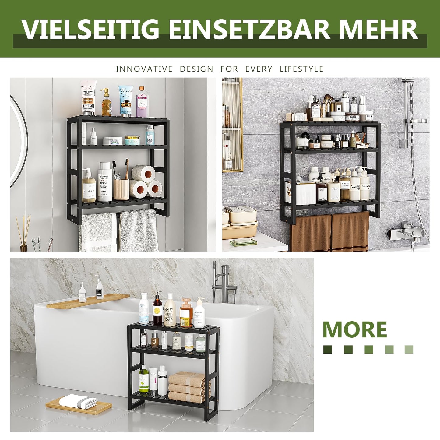 Bamworld Badezimmer Regal Badmöbel Bambus 3 Etagen Organizer Badezimmermöbel Für die Wand Platzsparend Modern (Schwarz)(42x15x42cm)