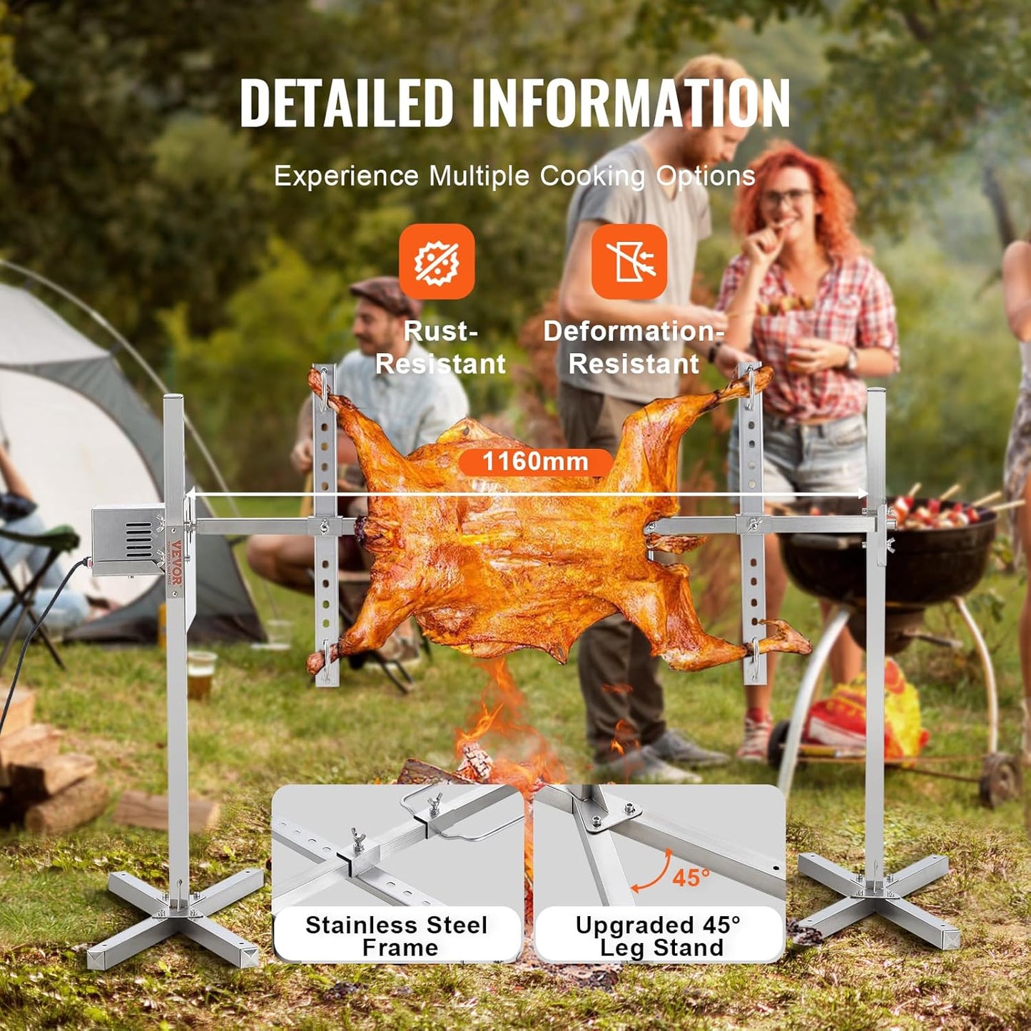 VEVOR Lammgrill, Spanferkelgrill, Spießbratengrill, 60 kg BBQ-Spießgrill für Schwein, Lamm, Ziege, elektrischer 52-W-Motor, kommerzielle Edelstahl-Drehspießröster mit Hitzeschild, 116 cm Spießlänge
