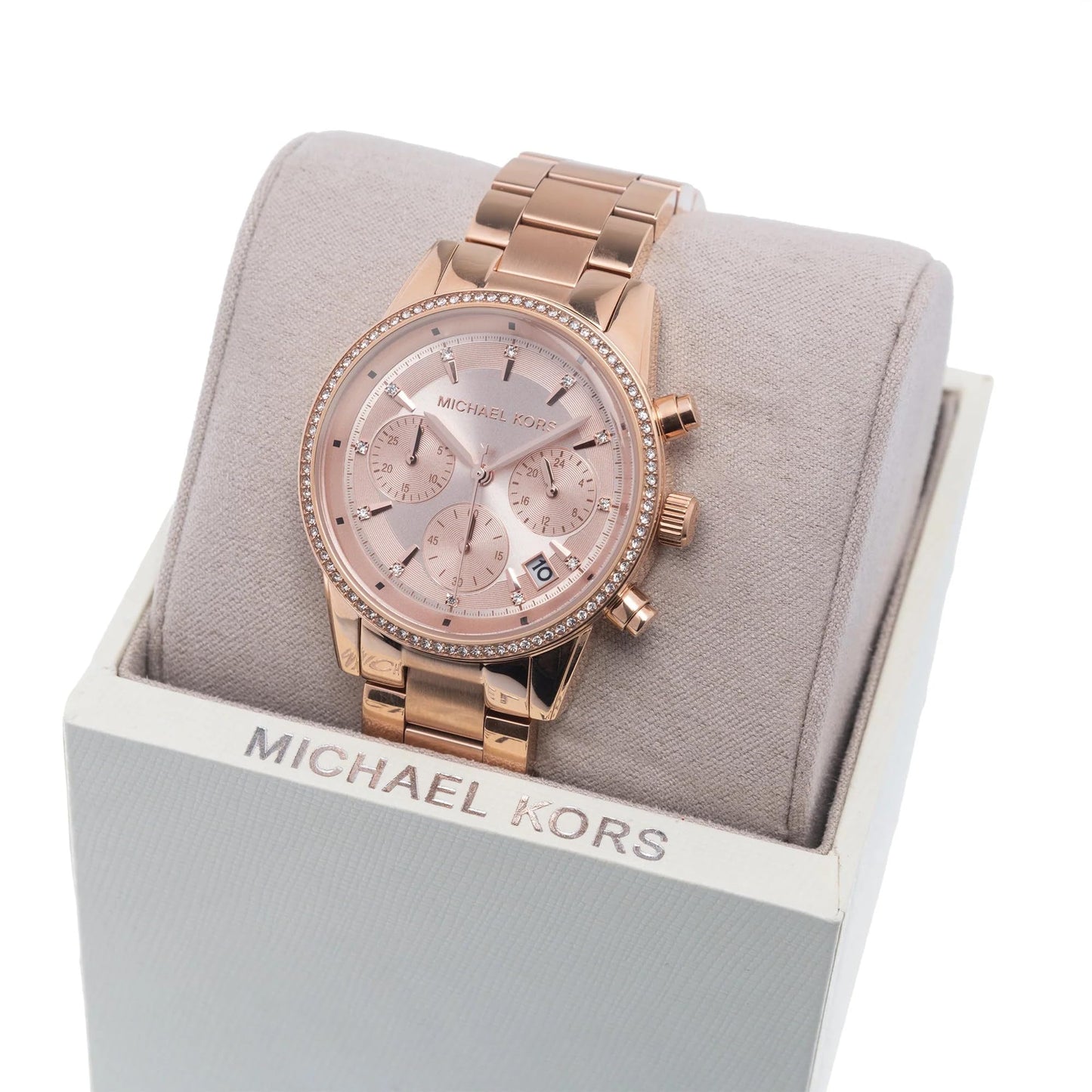 Michael Kors ladies' watch Ritz, 37 mm case size, quartz chronograph movement, stainless steel bracelet