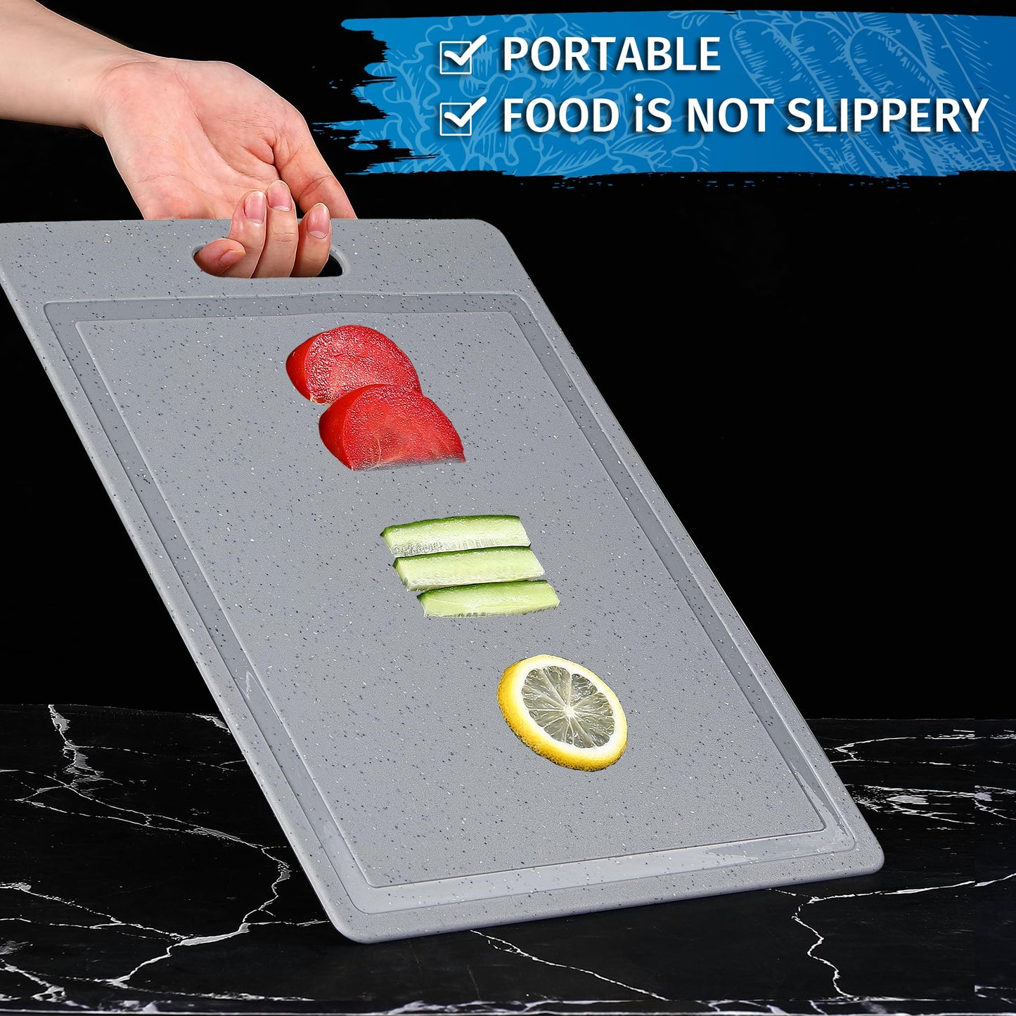 DIFULI Schneidebrett Set 3-teilig Granitoptik, 100% Rutschfeste Aufkleber und Saftkanal, BPA-Free, mit Griff Schneidebretter Kunststoff Antibakteriell, Küchenzubehör, Küchen Gadgets, Küchenhelfer