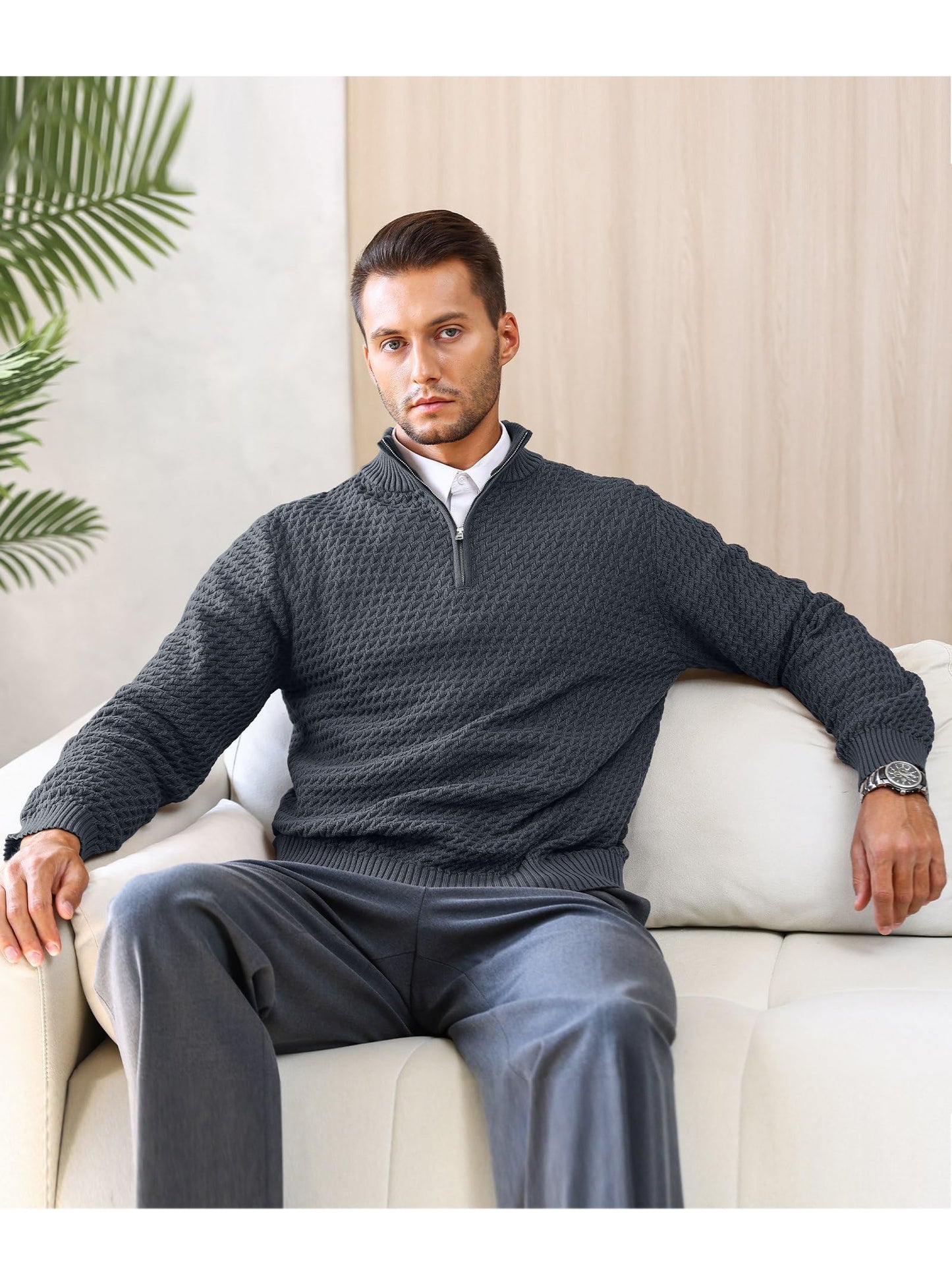 HYPESTFIT Men’s 1/4 Zip Turtleneck Sweater – Warm Knit Pullover