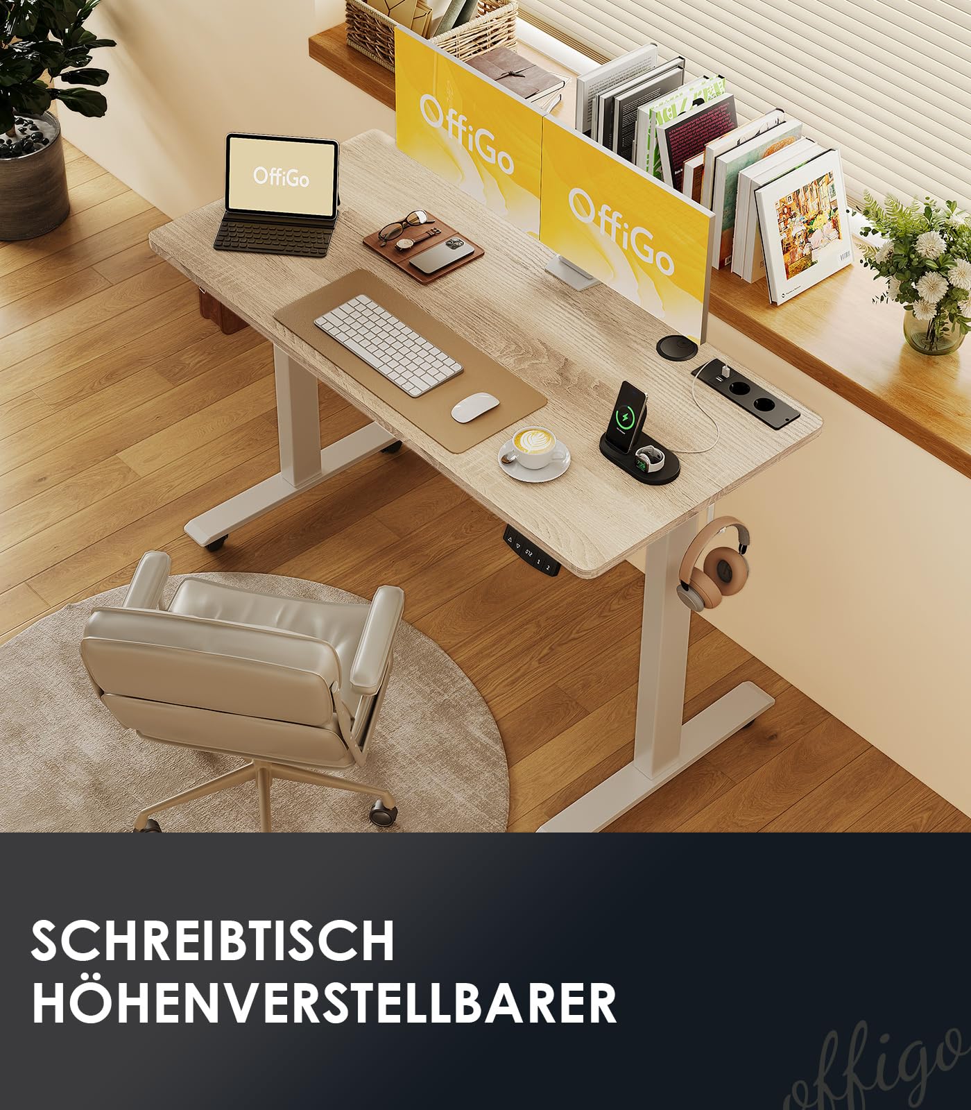 OffiGo Höhenverstellbarer Schreibtisch, 180cm, Elektrischer Schreibtisch mit USB, Schreibtisch Höhenverstellbar mit 2 Memory Funktion, Tisch Höhenverstellbar für Büro, Zuhause, Gaming, Schwarz