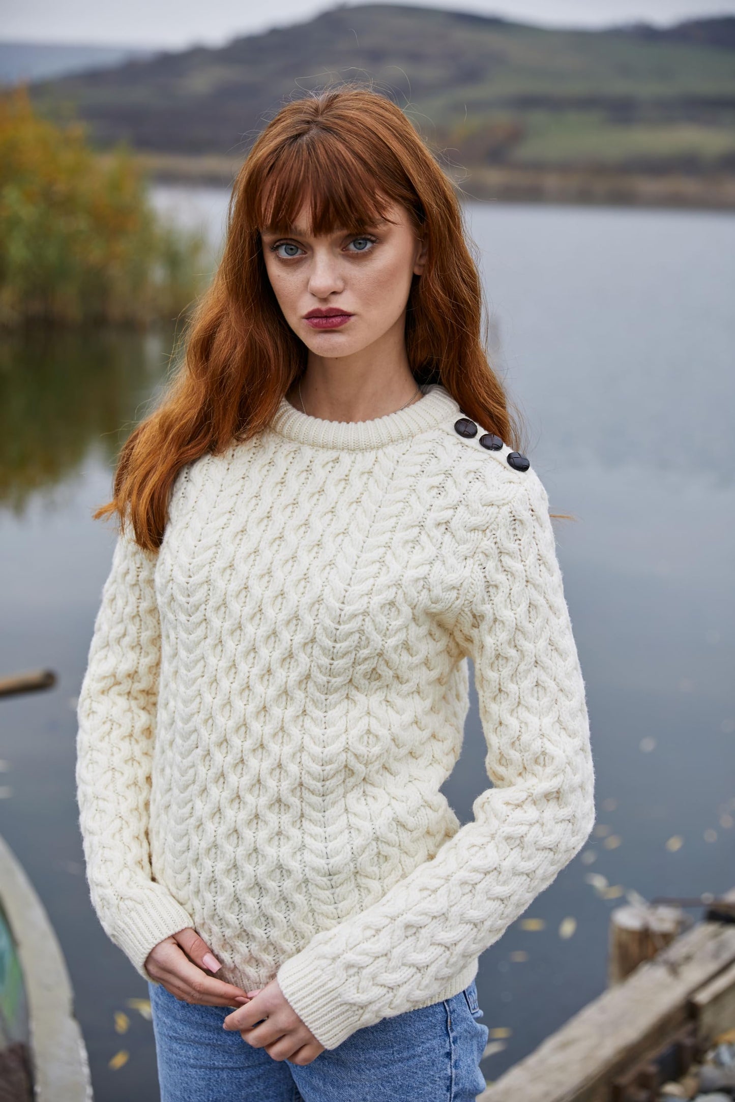 SAOL Women’s Merino Wool Sweater – Aran Knit with Side Buttons