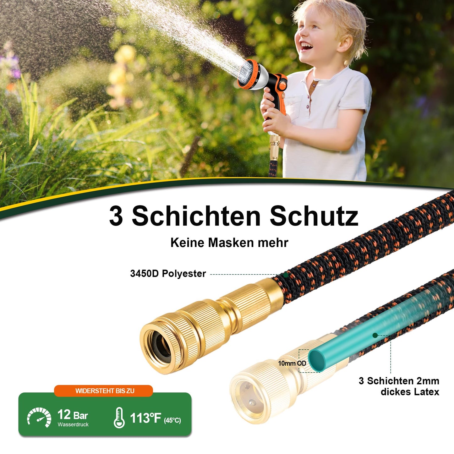 Yofidra Flexibler Gartenschlauch 30m, 3 Lagiger Latex Wasserschlauch mit 3/4 Zoll und 1/2 Zoll Metallanschlüsse, 3450D-Gewebe, Knickfrei, Strapazierfähiger Garden Hose Schlauch mit 10 Düse