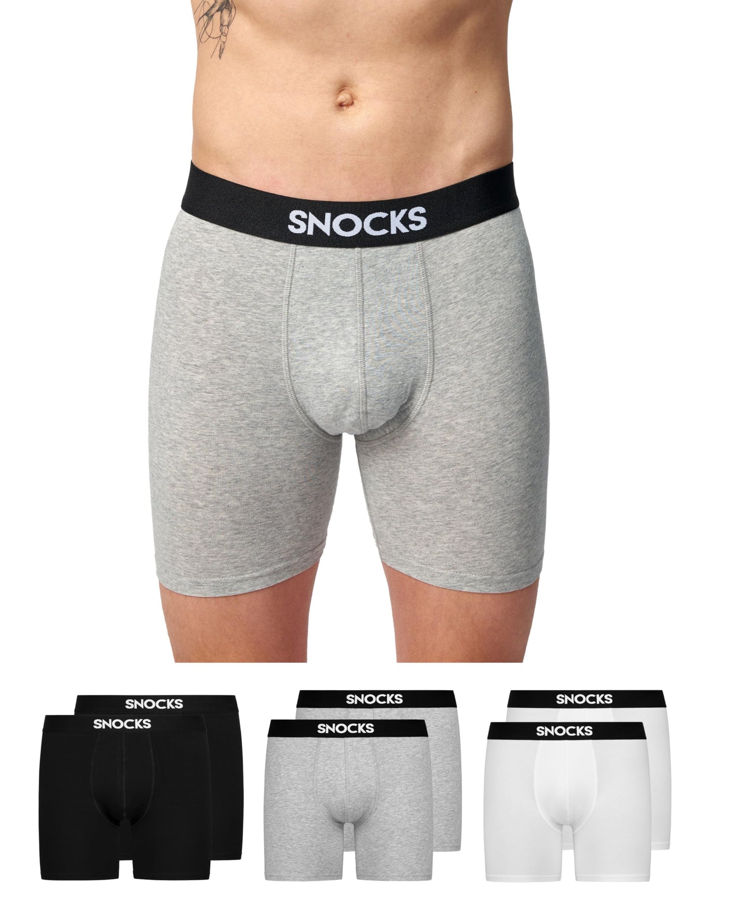 Snocks Long Boxer Shorts for Men, Organic Cotton (6-Pack)