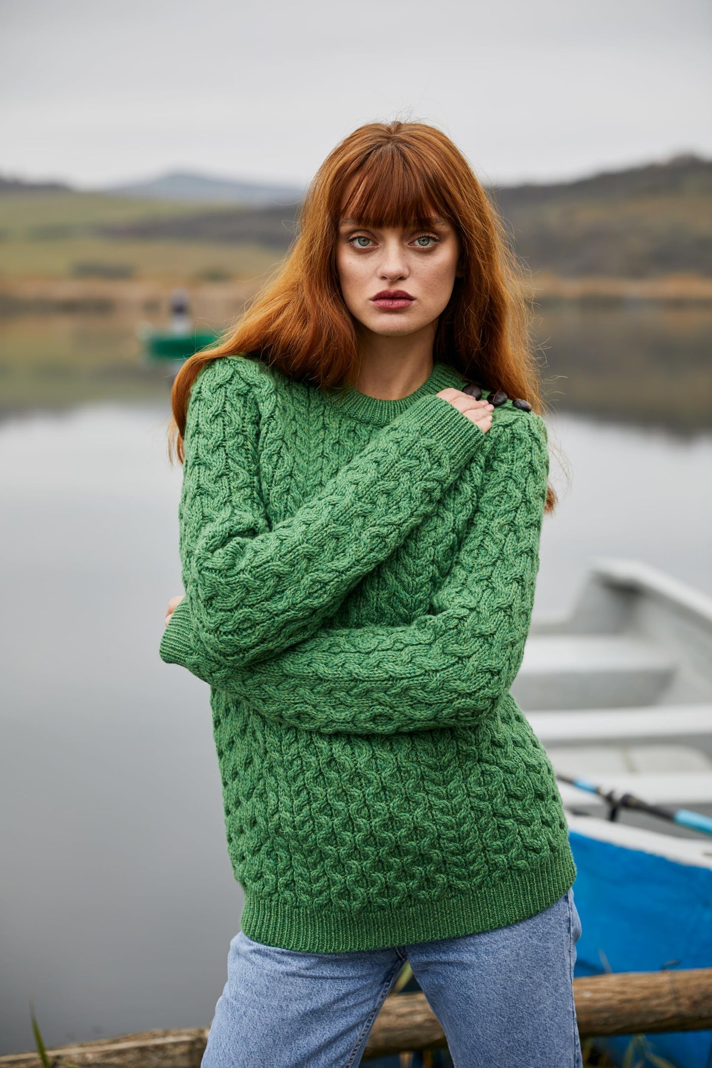 SAOL Women’s Merino Wool Sweater – Aran Knit with Side Buttons