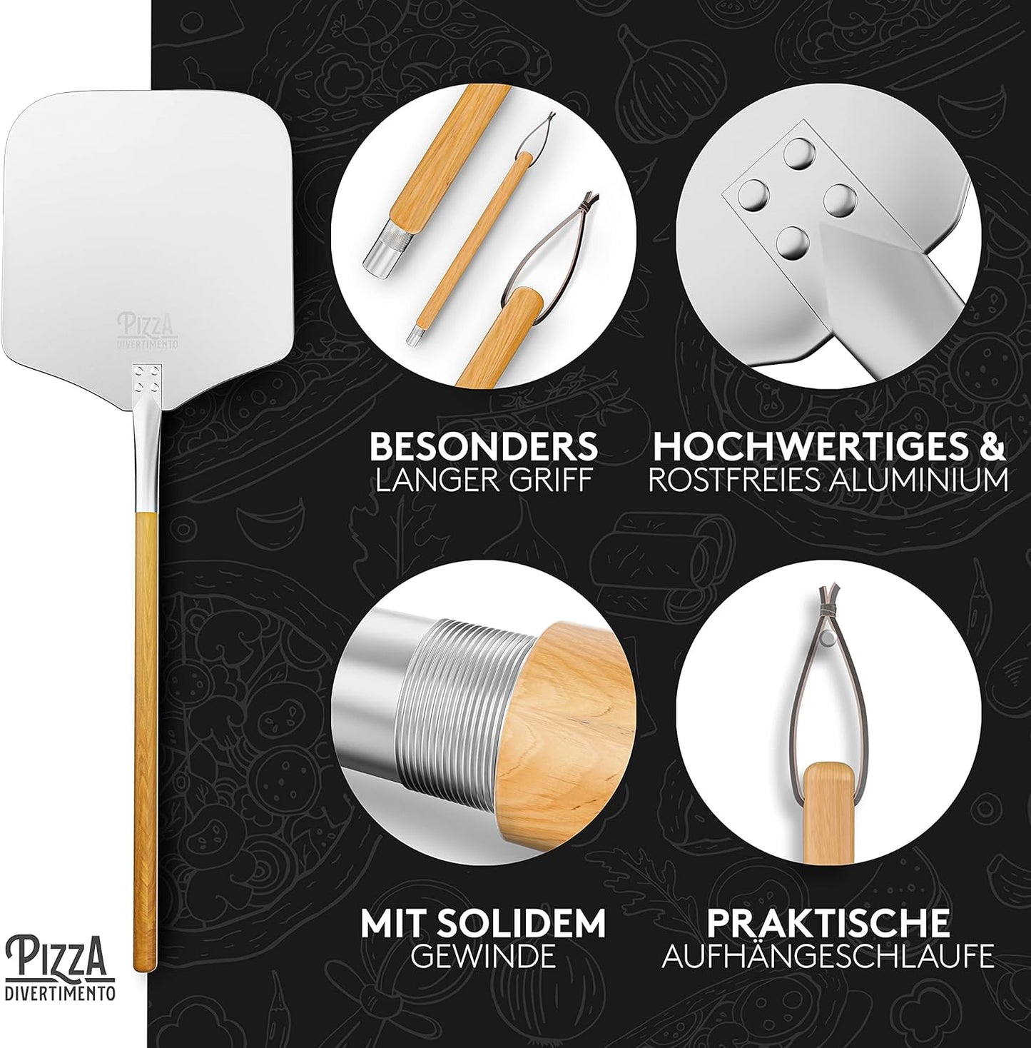 Pizza Divertimento - DAS ORIGINAL - Pizzastein für Backofen & Gasgrill – inkl. Pizzaschieber – Vergleich.org ausgezeichnet - Pizza Stein – Für knusprigen Boden & saftigen Belag - Inkl. e-Rezeptbuch