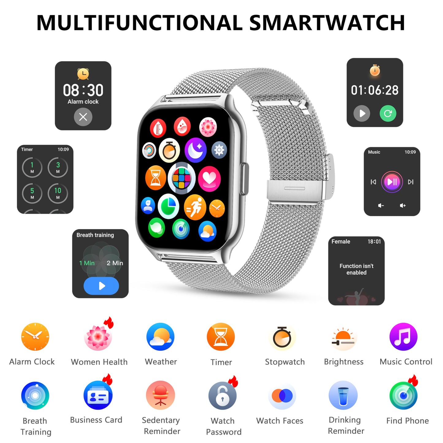 Narcid Smartwatch Damen Herren,2`Zoll mit Telefonfunktion/Sprachassistent/Message Reminder,Fitnessuhr Puls-Schlaf-Monitor,Schrittzähler Sportuhr für iOS/Android(2 Armbänder)