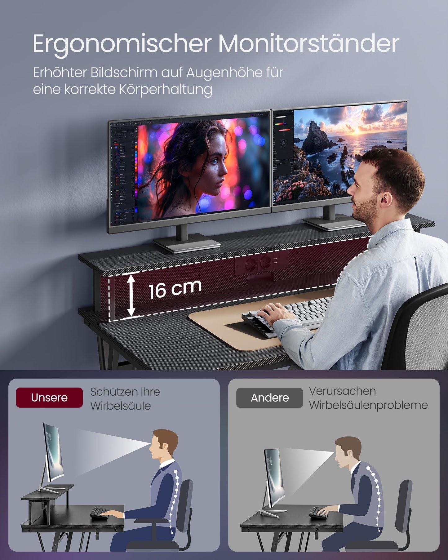 VASAGLE Schreibtisch, Gaming Tisch mit eingebauter Steckdosenleiste, Computertisch, mit Monitorständer für 2 Monitore, Schlafzimmer, 60 x 120 x 76 cm, rußschwarz LWD192B02