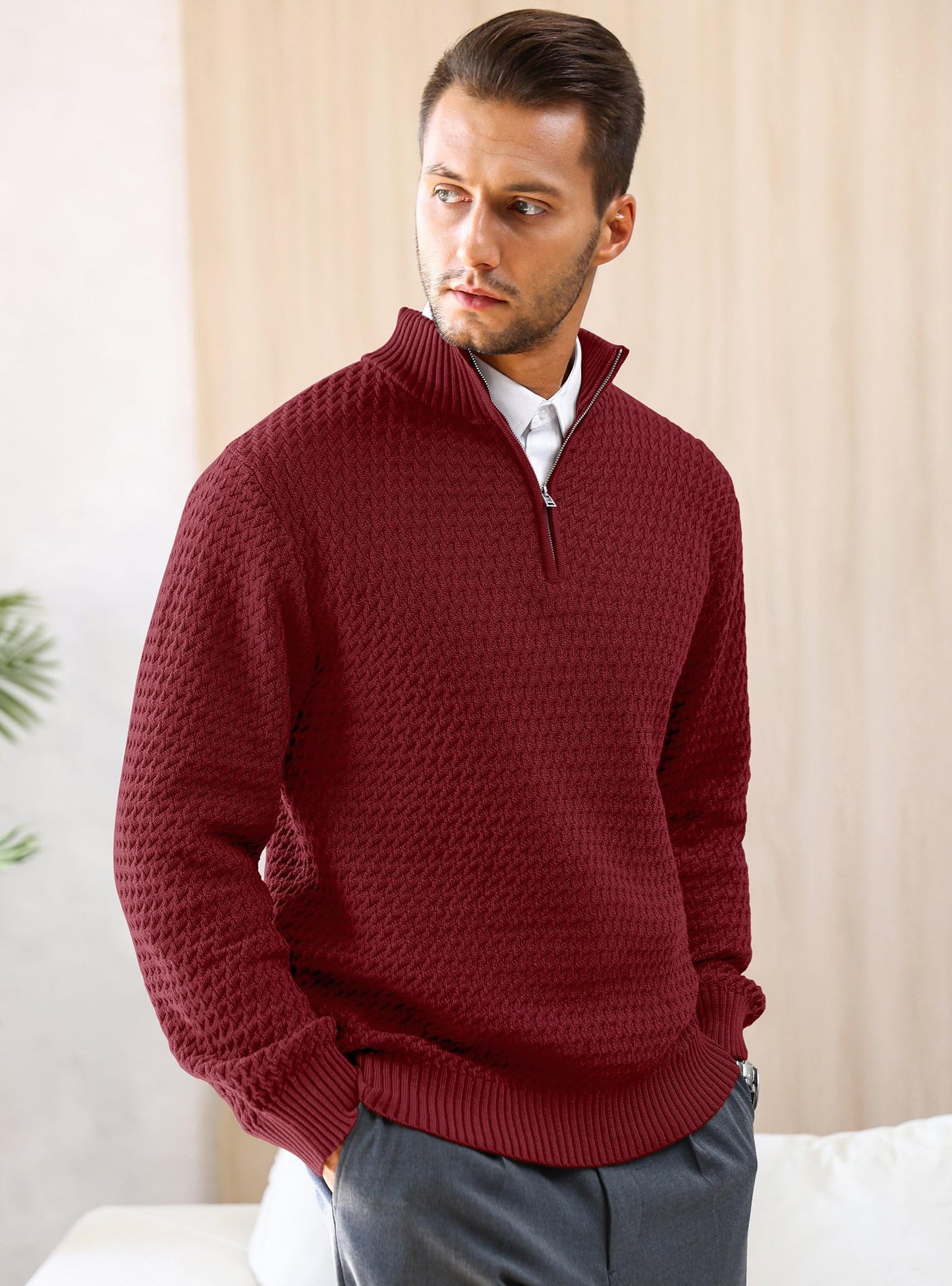 HYPESTFIT Men’s 1/4 Zip Turtleneck Sweater – Warm Knit Pullover