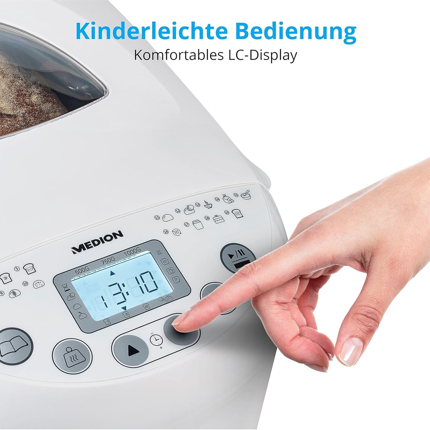 MEDION Brotbackautomat (Brotbackmaschine, 550 Watt, bis zu 1000g, 19 Backprogramme, 3 Bräunungsgrade, Warmhaltefunktion, Zeitvorwahl