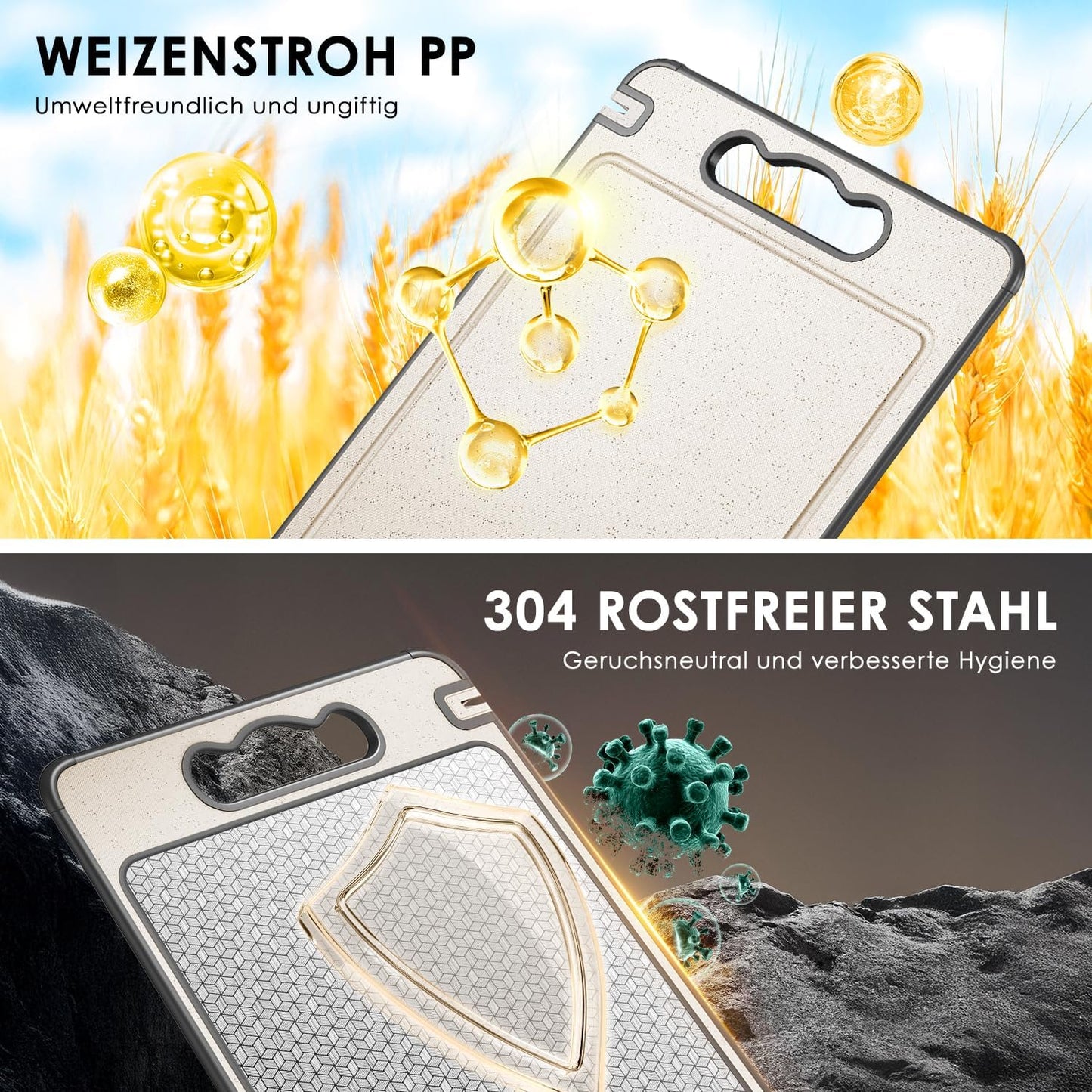 Doppelseitiges Schneidebrett, Lebensmittelechter 304 Edelstahl und Stroh PP, Robust, Kratzfestes Netzdesign für die Getrennte Handhabung von Fleisch und Gemüse, Spülmaschinenfest (36,5 x 25cm)