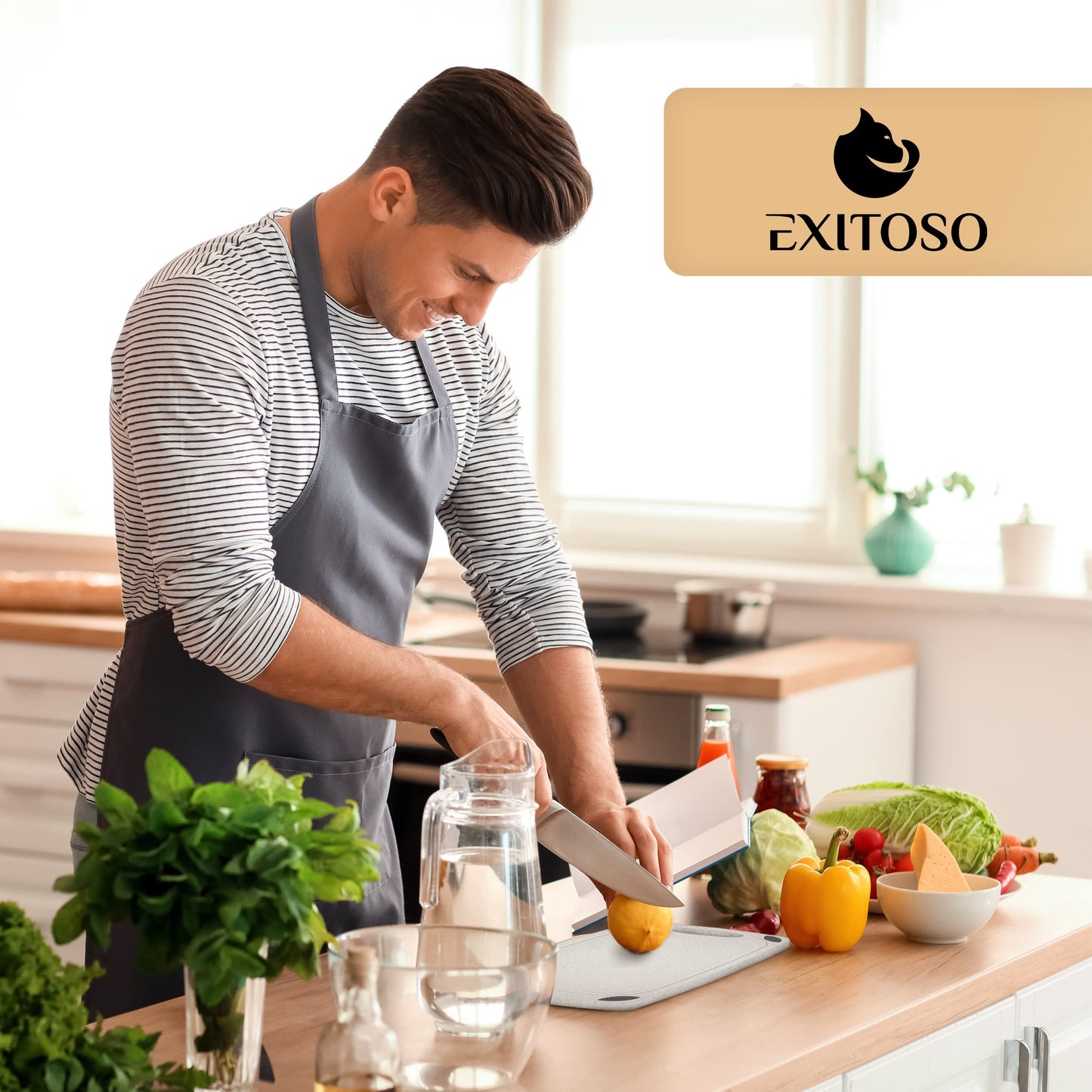Exitoso 3-Piece Innovative Chopping Board Set | Non-Slip with Juice Groove and Handle | Dishwasher Safe | Antibacterial | Grey/Black Plastic
