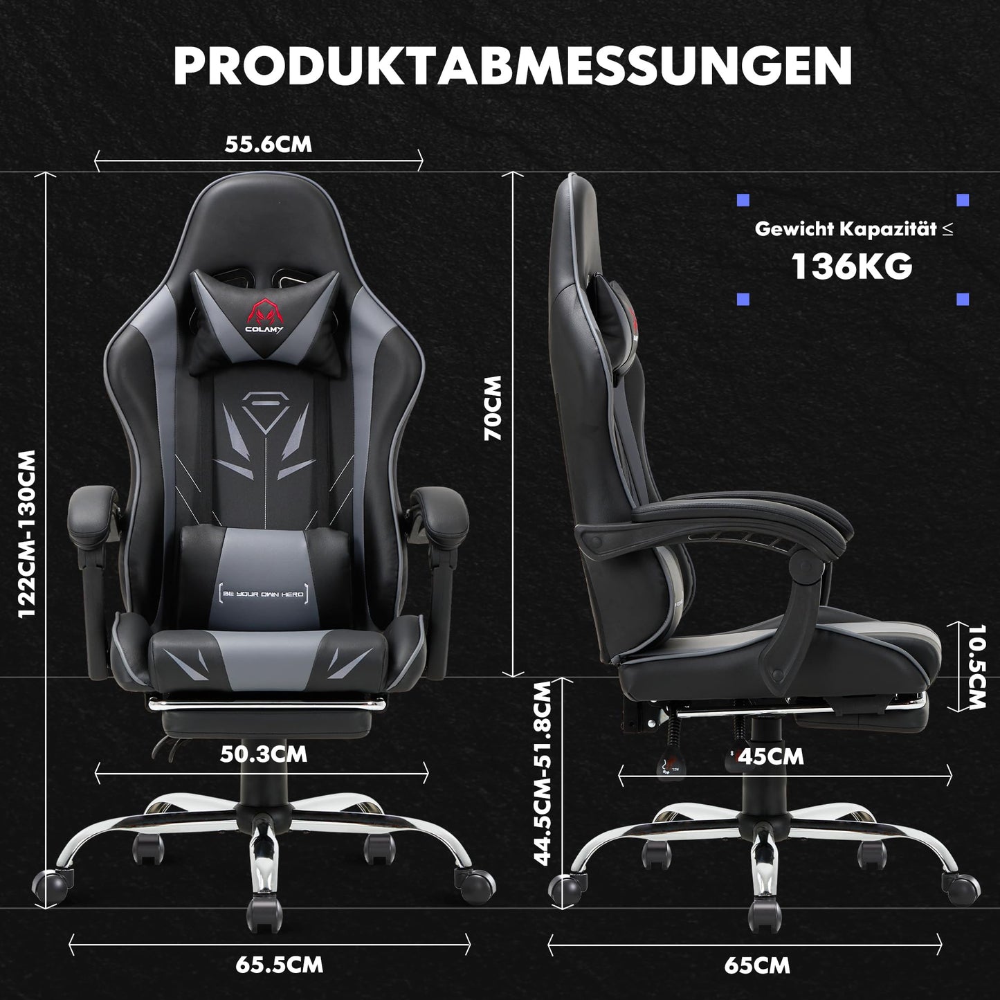 COLAMY Gaming Stuhl, Computer Stuhl mit Fußstütze und Lendenwirbelstütze, höhenverstellbarer Gaming Chair mit 360°-Drehsitz und Kopfstütze, Video Gamer PC Stuhl, Ergonomische hohe Rückenlehne, Weiß