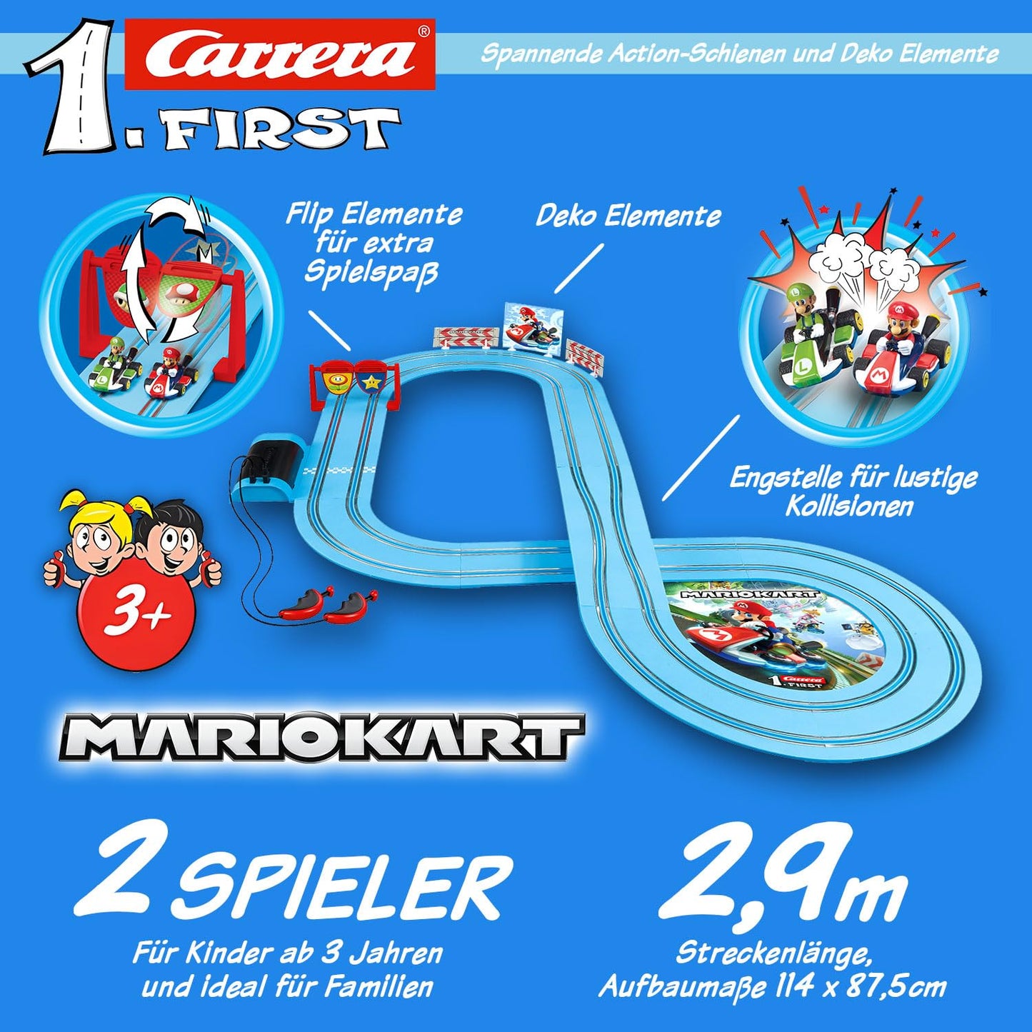 Carrera First Mario Kart™ Rennbahn | Super Mario™ vs. Luigi | Flip-Elemente | 2,9m Rennbahn | ab 3 Jahren | Batteriebetrieben