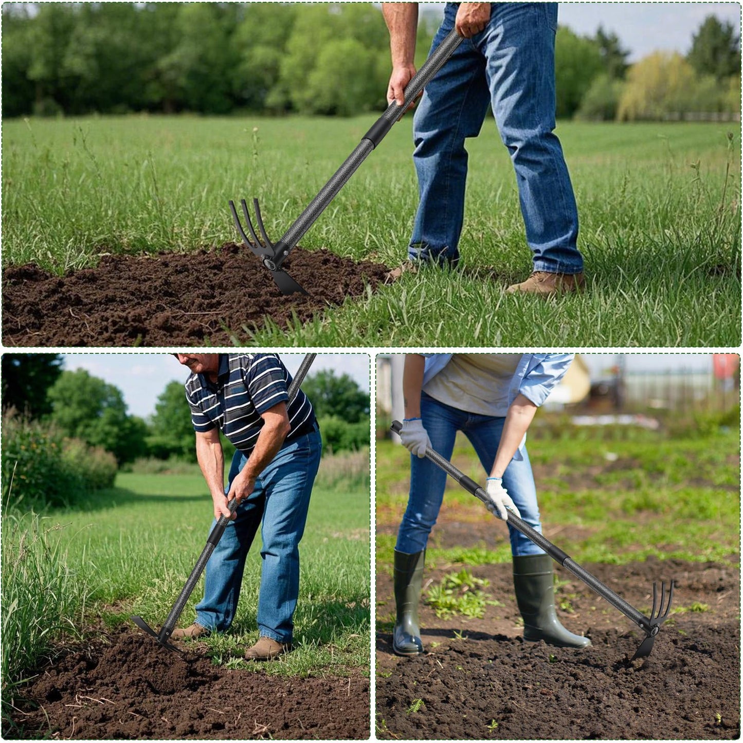 HARRMS Gartenhacke mit Stiel, 76cm, 3-Zinken-Doppelhacke Unkrautharke Metall, Multifunktionale Hacke Gartengeräte Gartenzubehör zum lockern, lüften und jäten des Bodens
