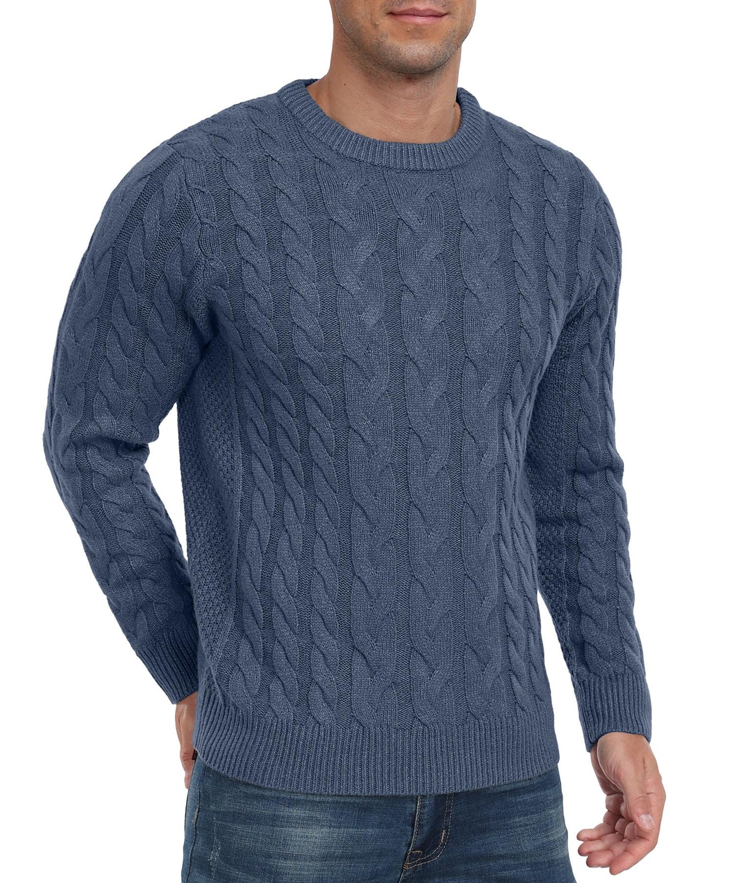 QIXING Men’s Cable Knit Sweater – Chunky Crewneck Pullover