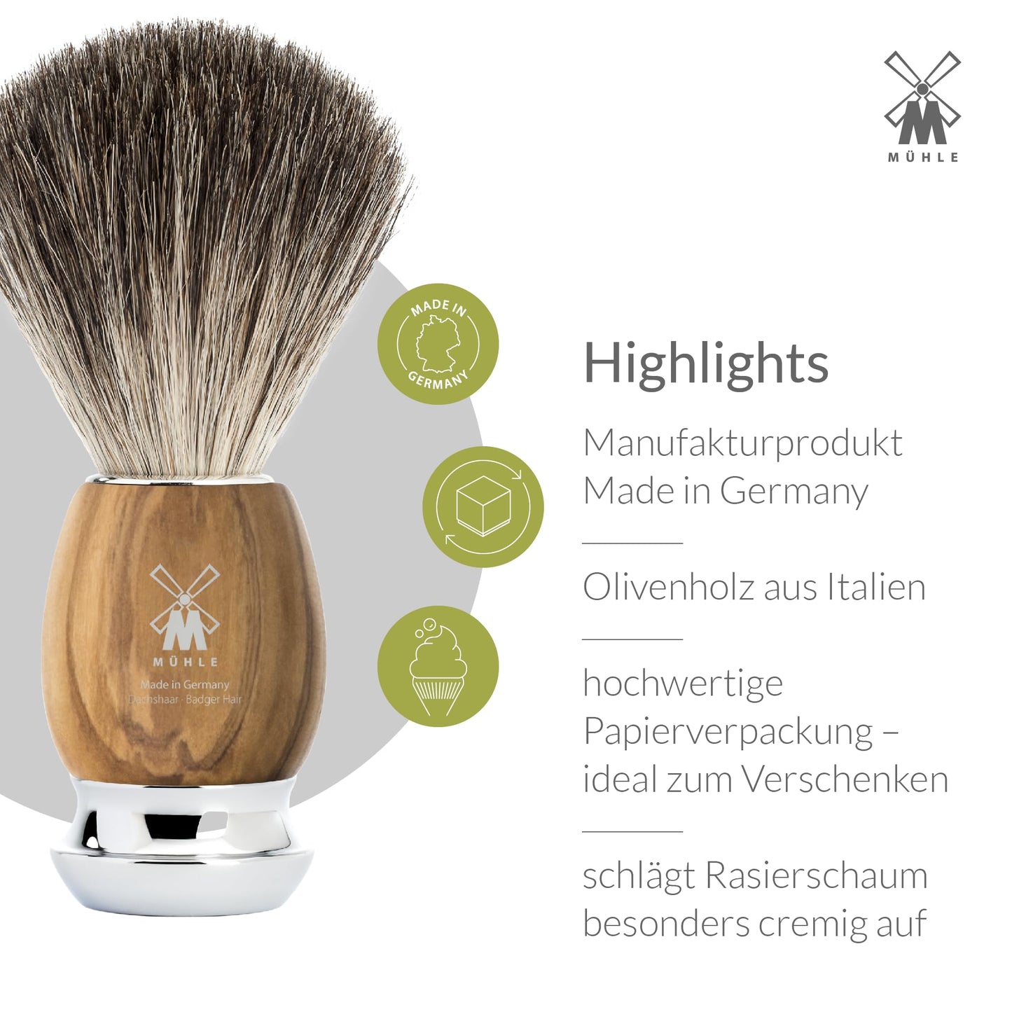 MÜHLE Vivo Rasierset kompatibel mit Gillette-Klingen, Dachshaar-Rasierpinsel, Halterung mit Schale - Olivenholz-Griffe