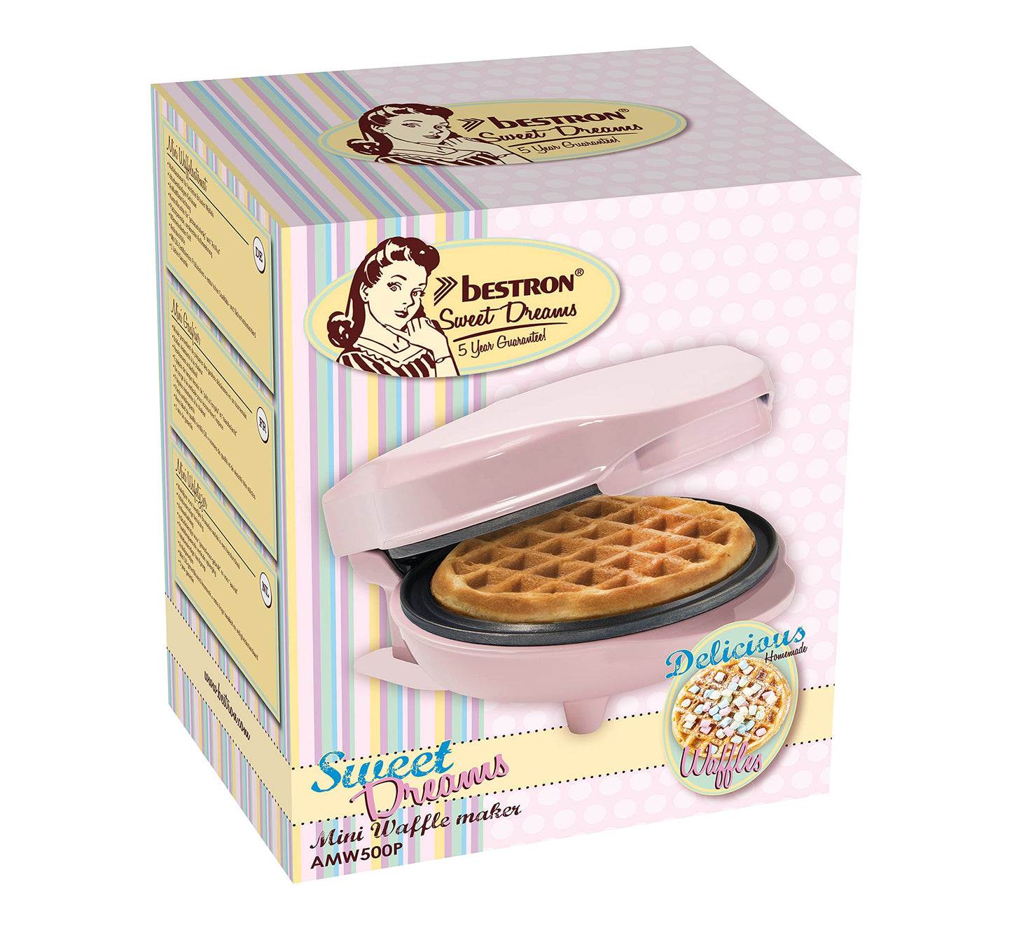 Bestron Mini-Waffeleisen für klassische Waffeln, kleiner Waffelmaker mit Antihaftbeschichtung, für Kindergeburtstage, Familienfeiern, Ostern oder Weihnachten, Retro Design, 550 Watt, Farbe: Rosa