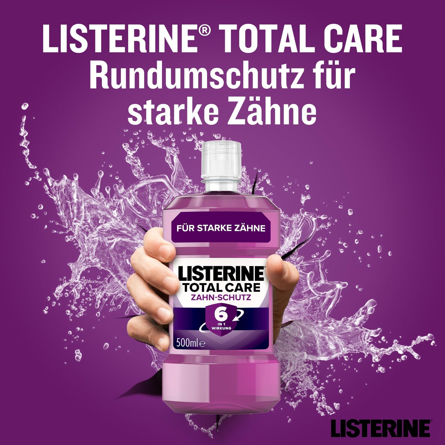 LISTERINE Total Care Zahn-Schutz (6 x 500 ml) - Testsieger Stiftung Warentest, 6 in 1 Wirkung, 24h frischer Atem, schützt gegen Karies & Zahnfleischprobleme, antibakterielles Mundwasser