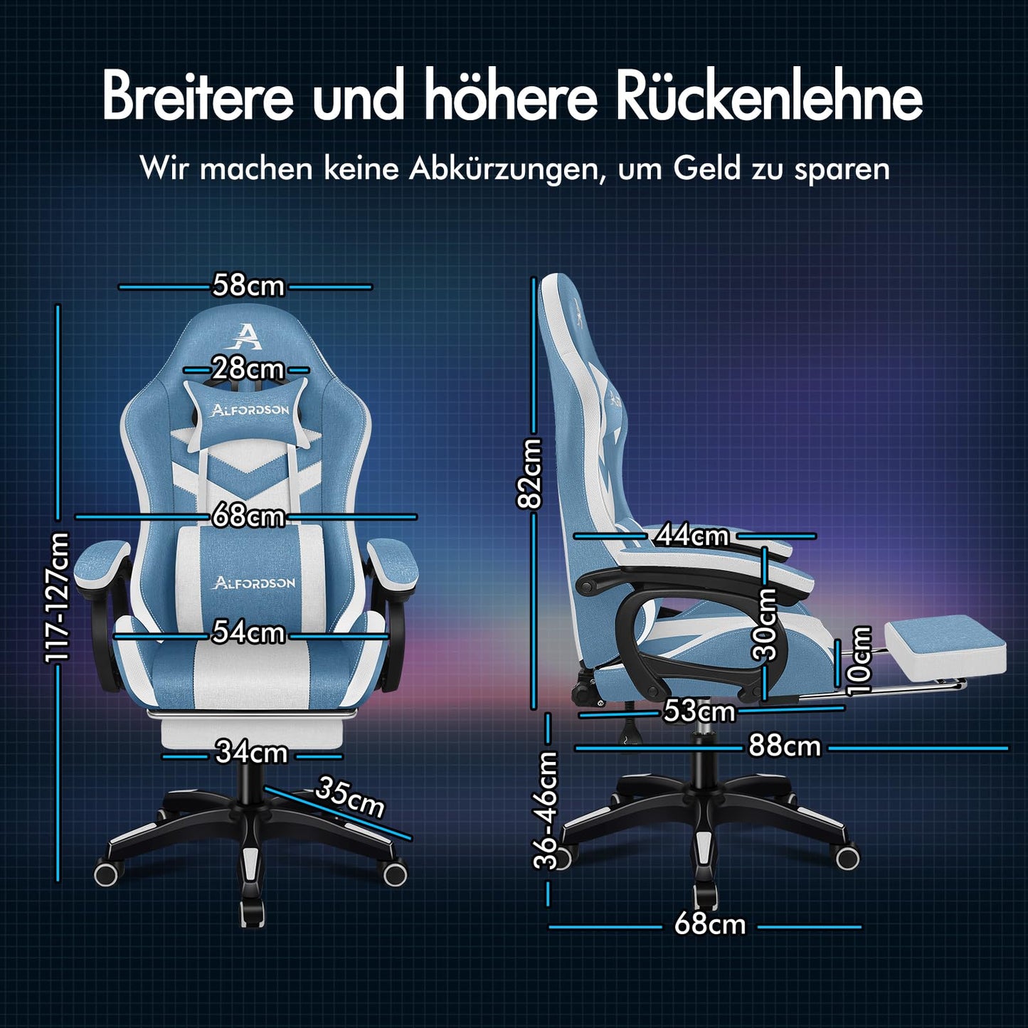 ALFORDSON Gaming Stuhl mit 8-Punkt Massage 12 Farben RGB LED-Licht, Bürostuhl Ergonomisch mit fußstützen, Kopfstütze Lendenkissen für Kinder Erwachsene, Schwarz
