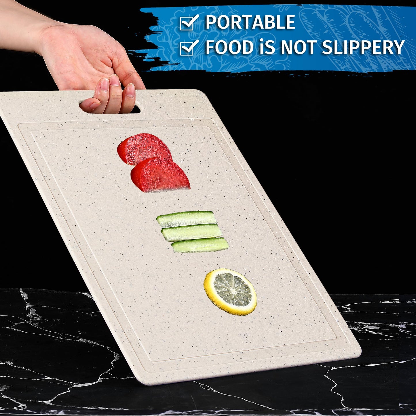 DIFULI Schneidebrett Set 3-teilig Granitoptik, 100% Rutschfeste Aufkleber und Saftkanal, BPA-Free, mit Griff Schneidebretter Kunststoff Antibakteriell, Küchenzubehör, Küchen Gadgets, Küchenhelfer