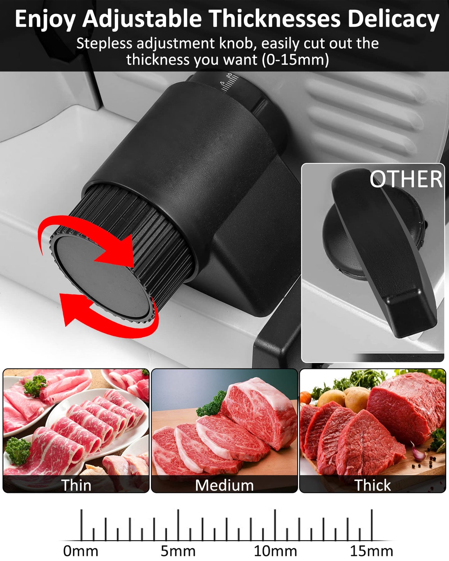 200 Watt Electric Slicer Stainless Steel - Adjustable Food Processor 0 to 15mm - 2 Blades - Sausage Slicer - Bread Slicer, Ham Slicer, Electric Knife Meat & Cheese