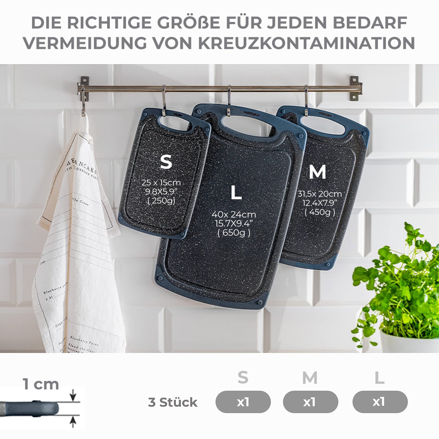 Exitoso 3-Piece Innovative Chopping Board Set | Non-Slip with Juice Groove and Handle | Dishwasher Safe | Antibacterial | Grey/Black Plastic