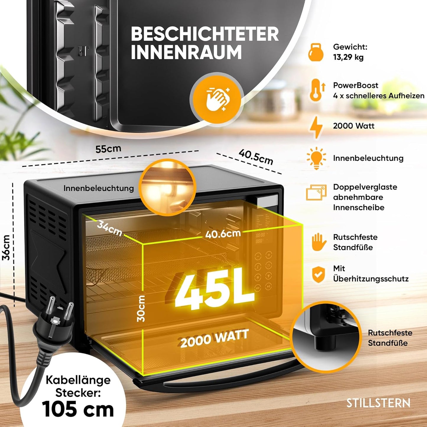 Digital mini oven with convection (45 litres) oven gloves ✓ Recipe book ✓ Double glass door ✓ 2000W ✓ LED display ✓ 13 programmes ✓ Rotary spit ✓ Crumb plate ✓ Timer ✓ Interior lighting